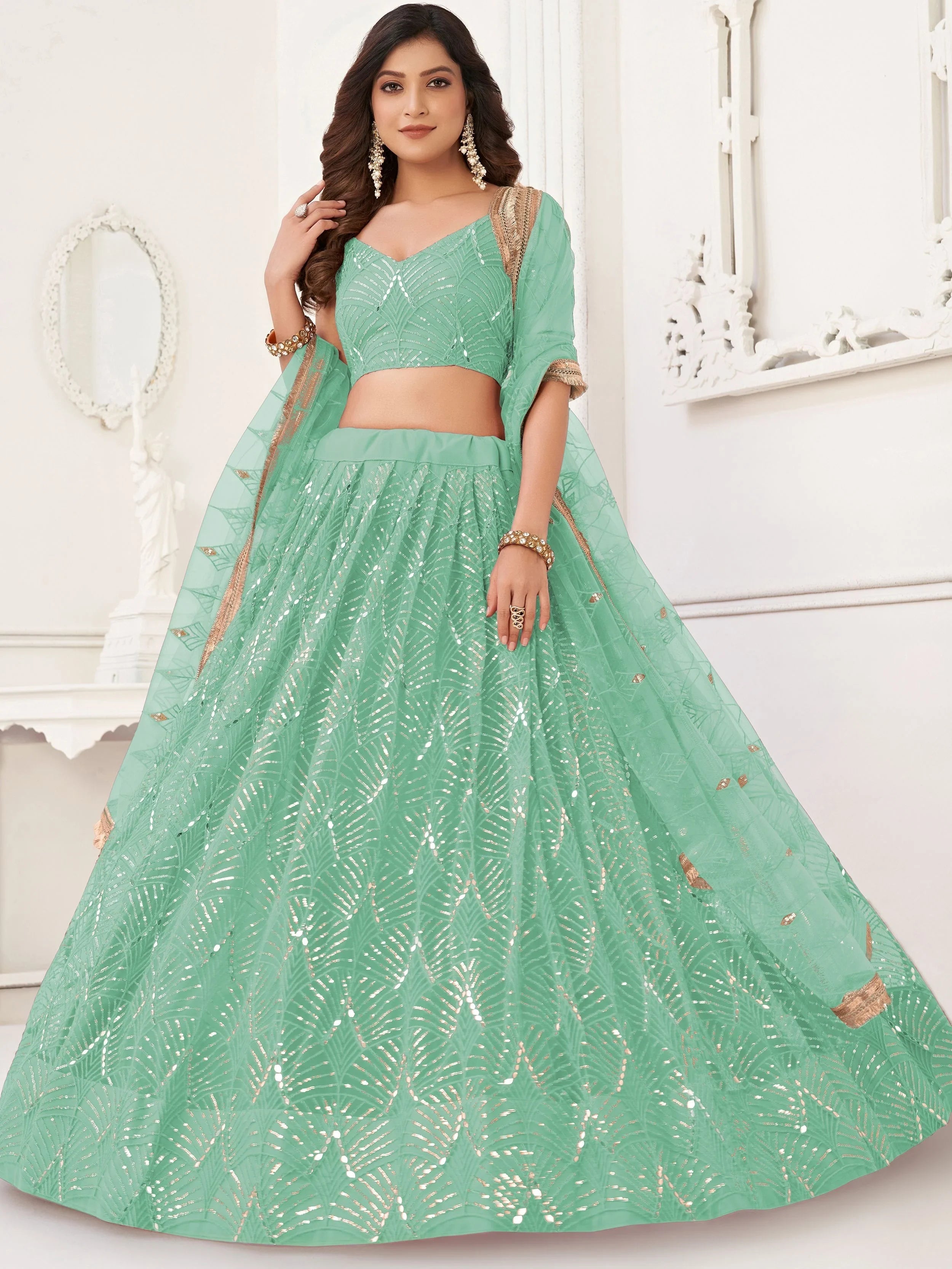 Green Incredible Thread Work Net Designer Lehenga Choli for Women
