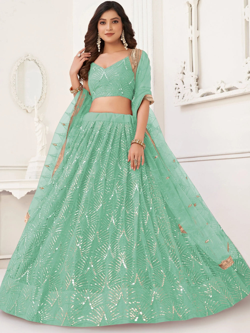 Green Incredible Thread Work Net Designer Lehenga Choli for Women