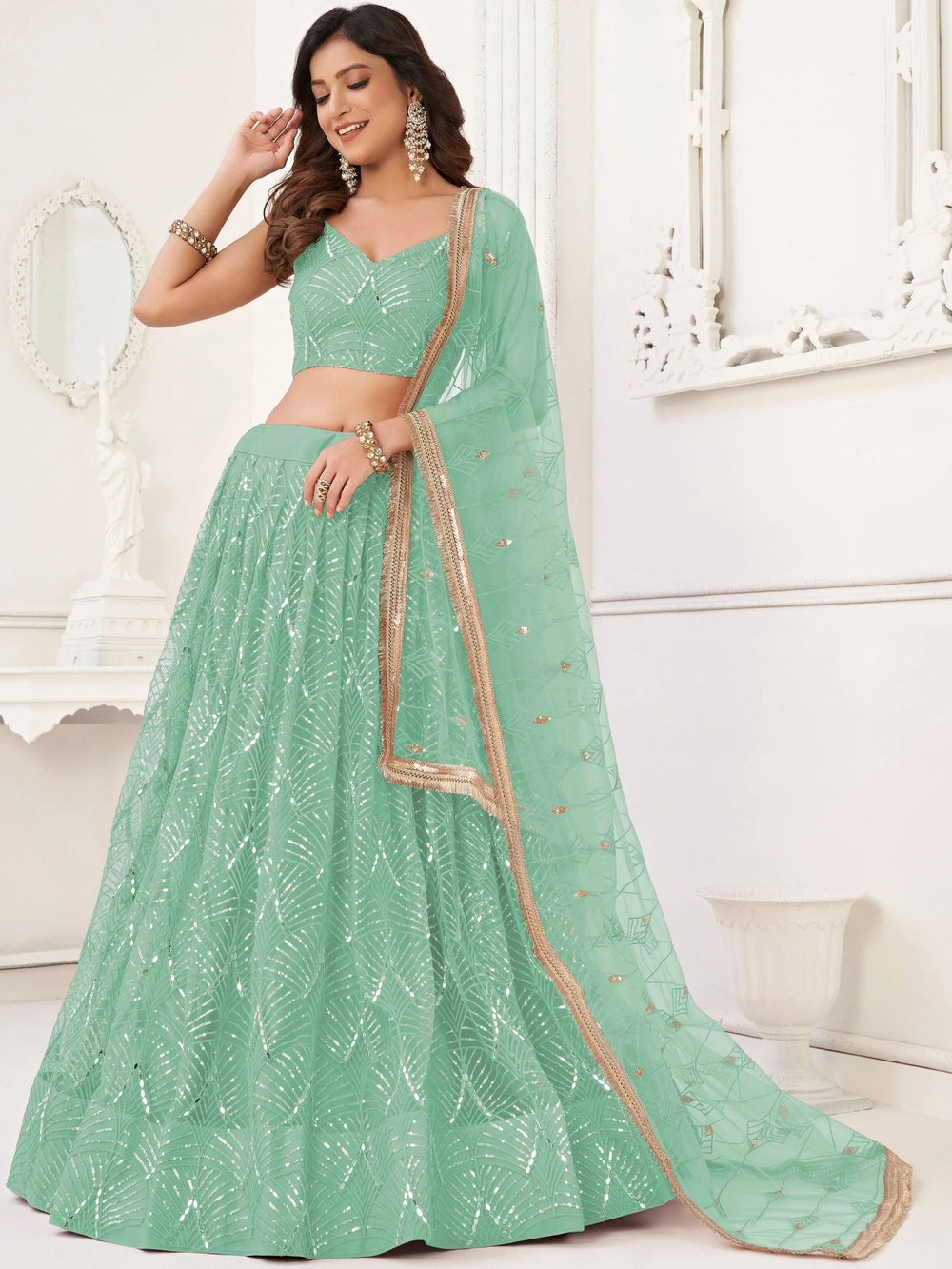 Green Incredible Thread Work Net Designer Lehenga Choli for Women