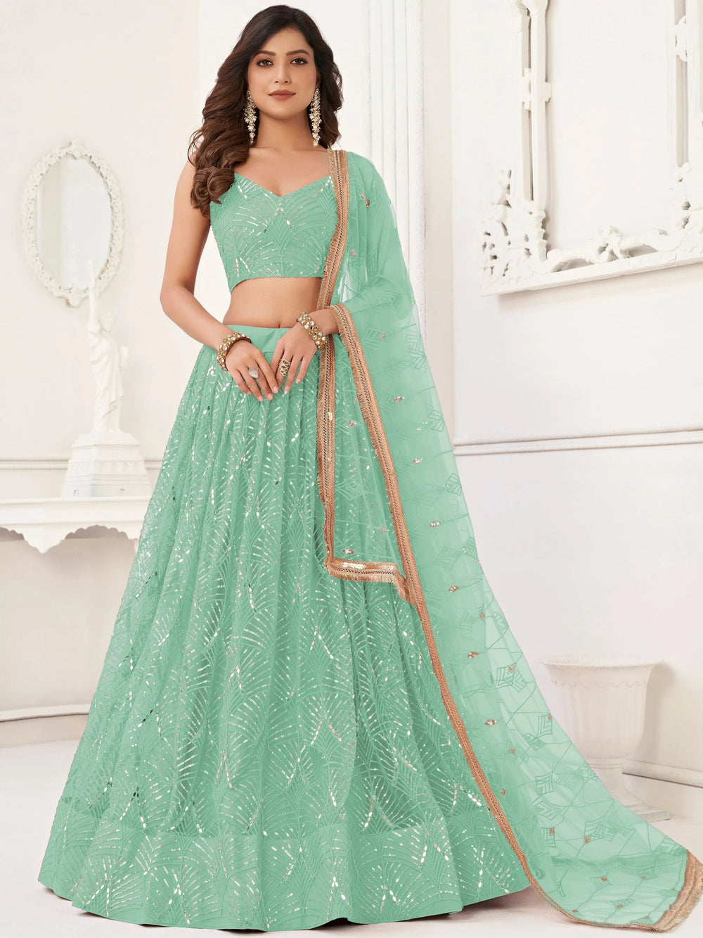 Green Incredible Thread Work Net Designer Lehenga Choli for Women