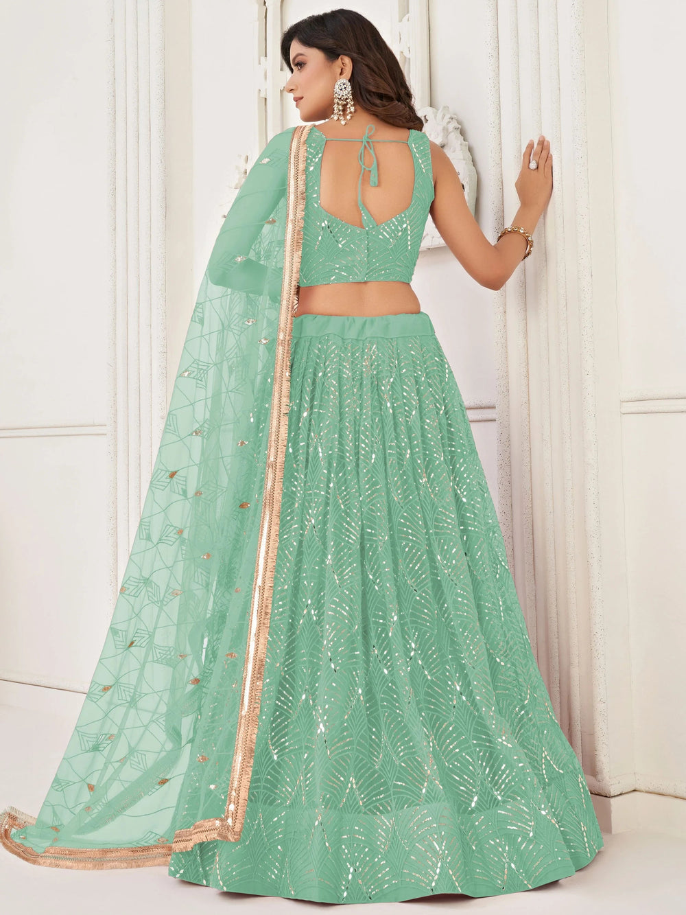 Green Incredible Thread Work Net Designer Lehenga Choli for Women