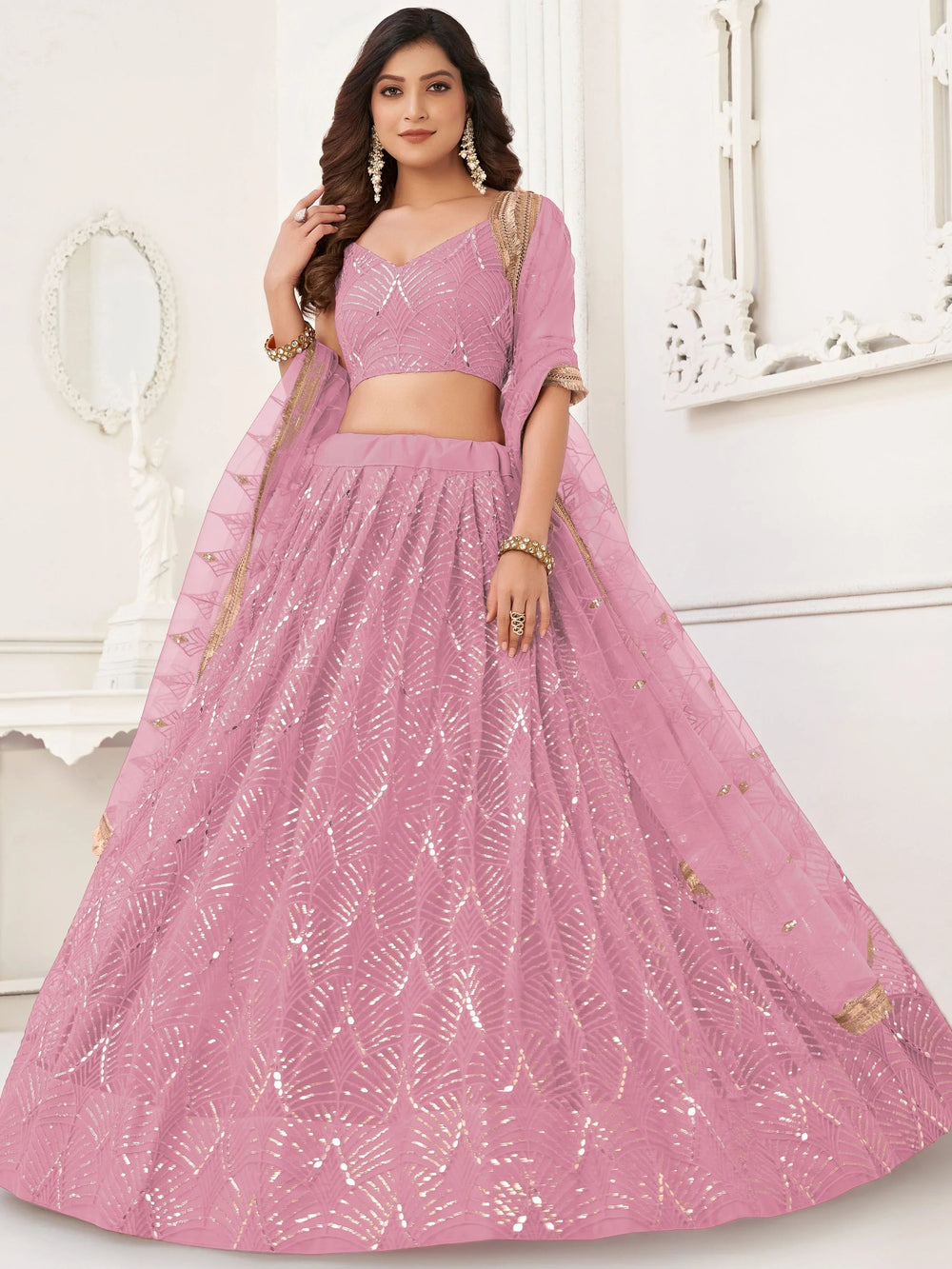 Pink Incredible Thread Work Net Designer Lehenga Choli for Women