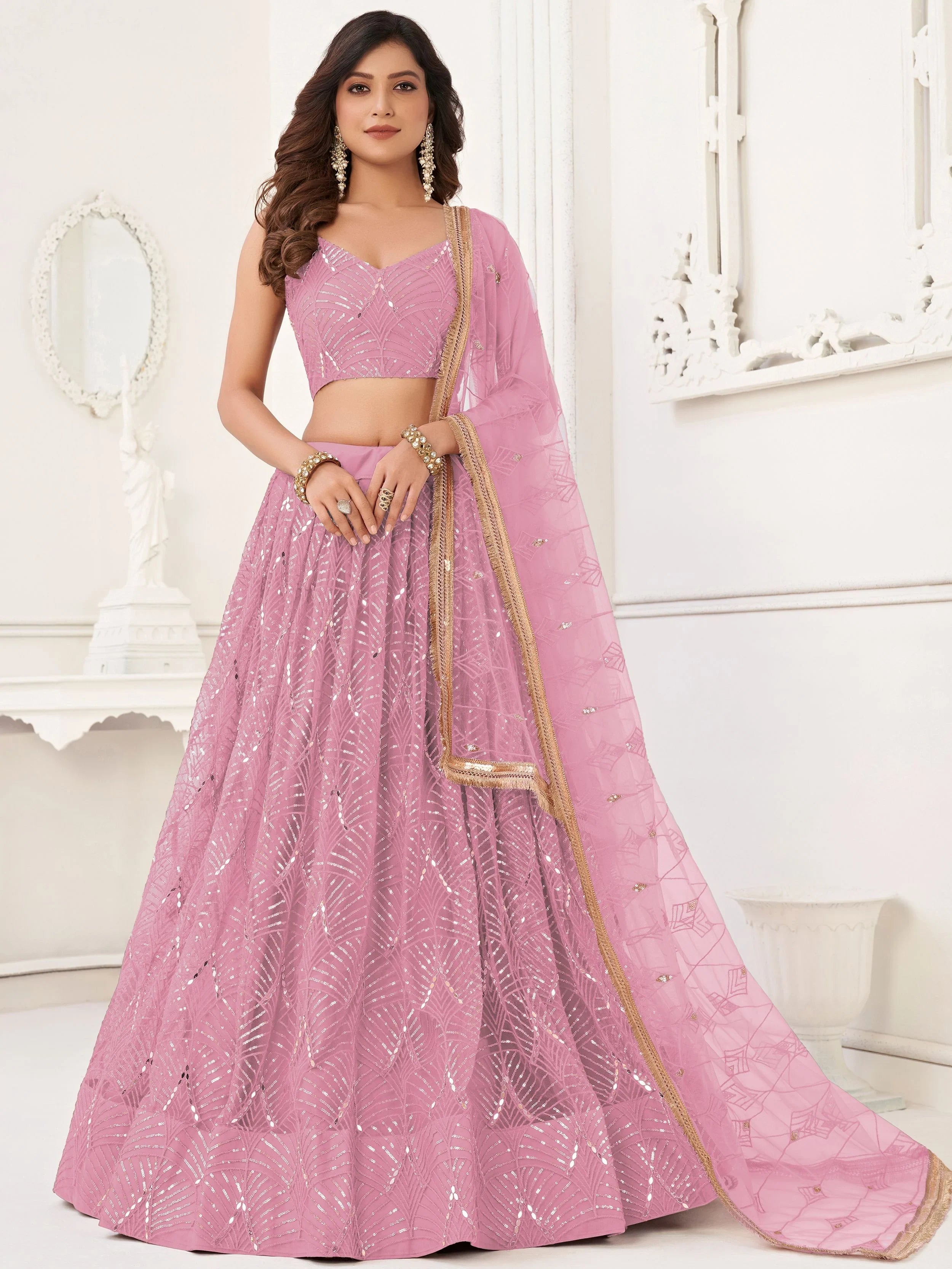 Pink Incredible Thread Work Net Designer Lehenga Choli for Women