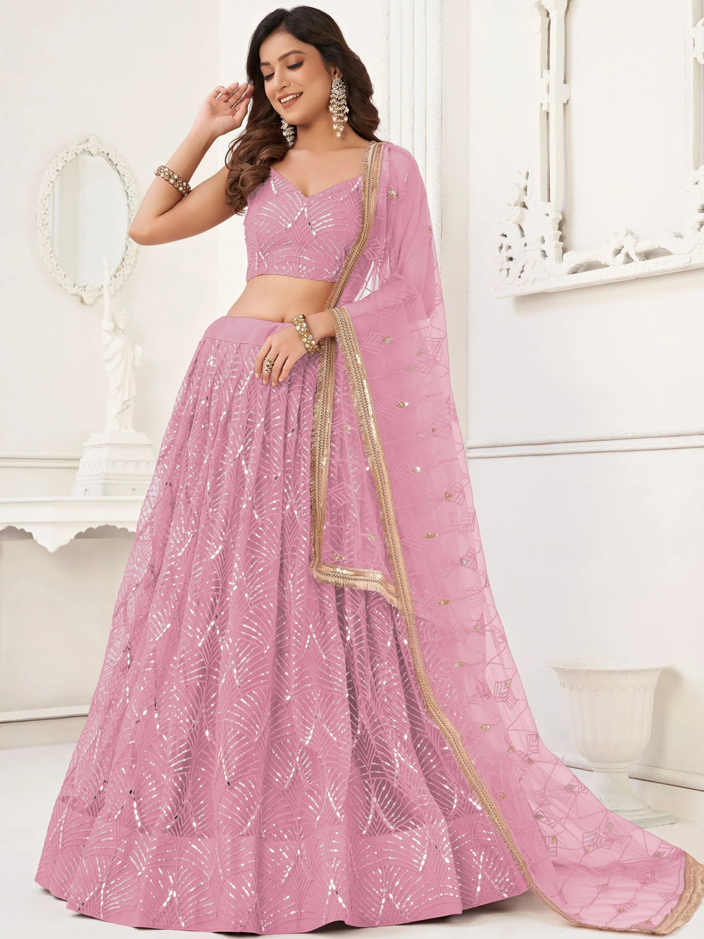 Pink Incredible Thread Work Net Designer Lehenga Choli for Women