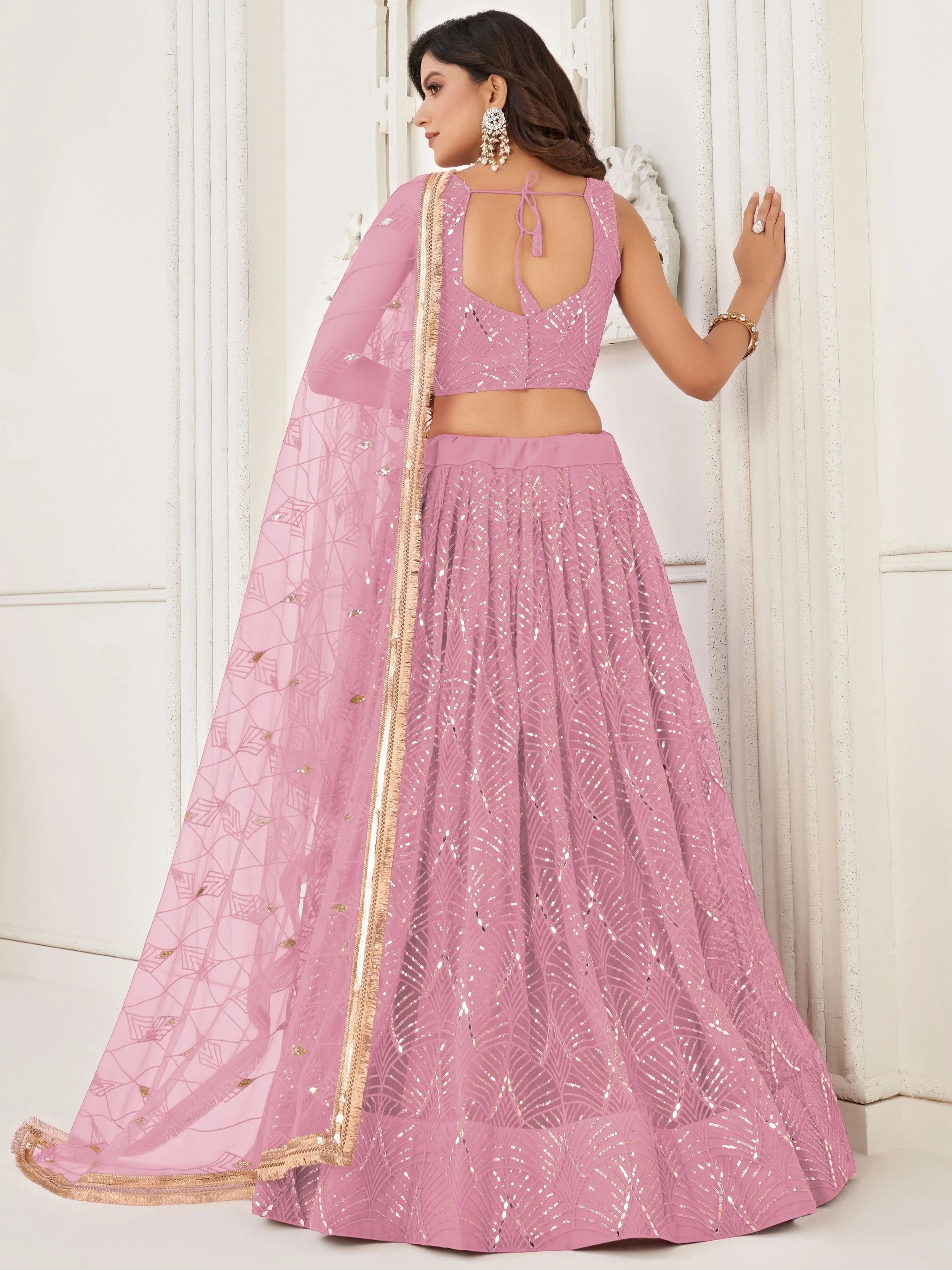 Pink Incredible Thread Work Net Designer Lehenga Choli for Women