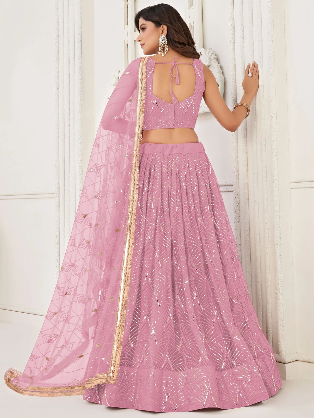 Pink Incredible Thread Work Net Designer Lehenga Choli for Women