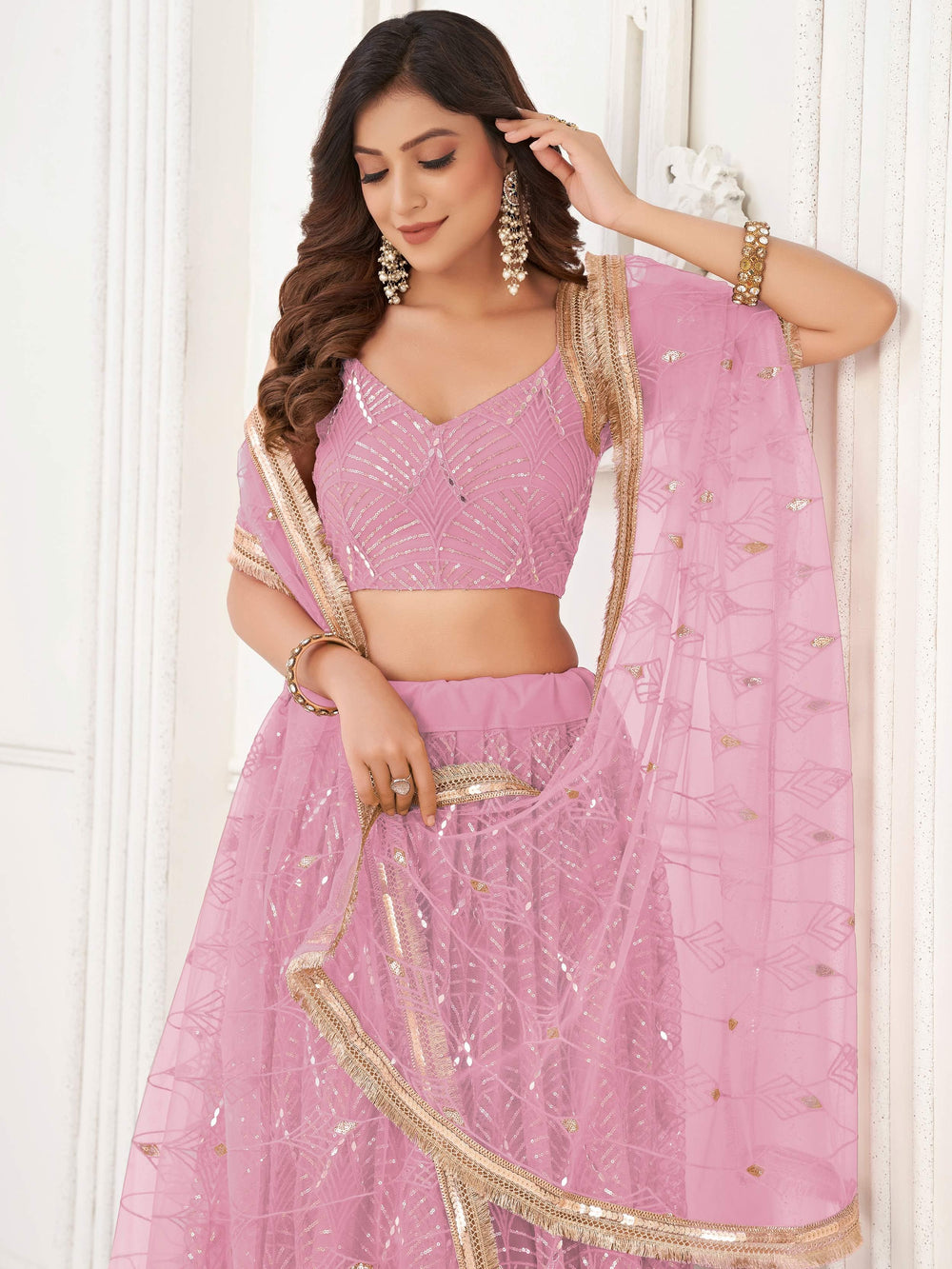 Pink Incredible Thread Work Net Designer Lehenga Choli for Women