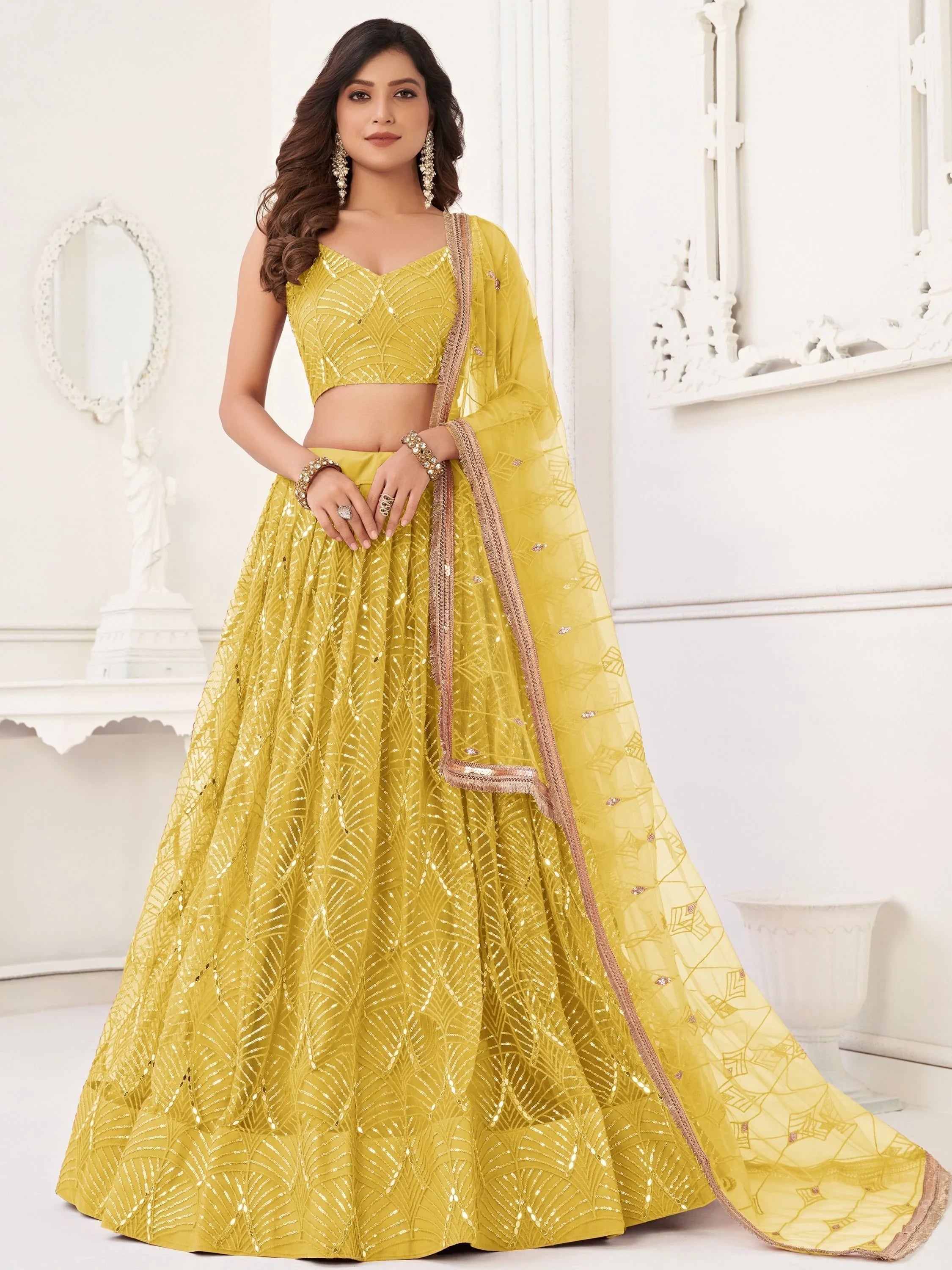 Yellow Incredible Thread Work Net Designer Lehenga Choli for Women