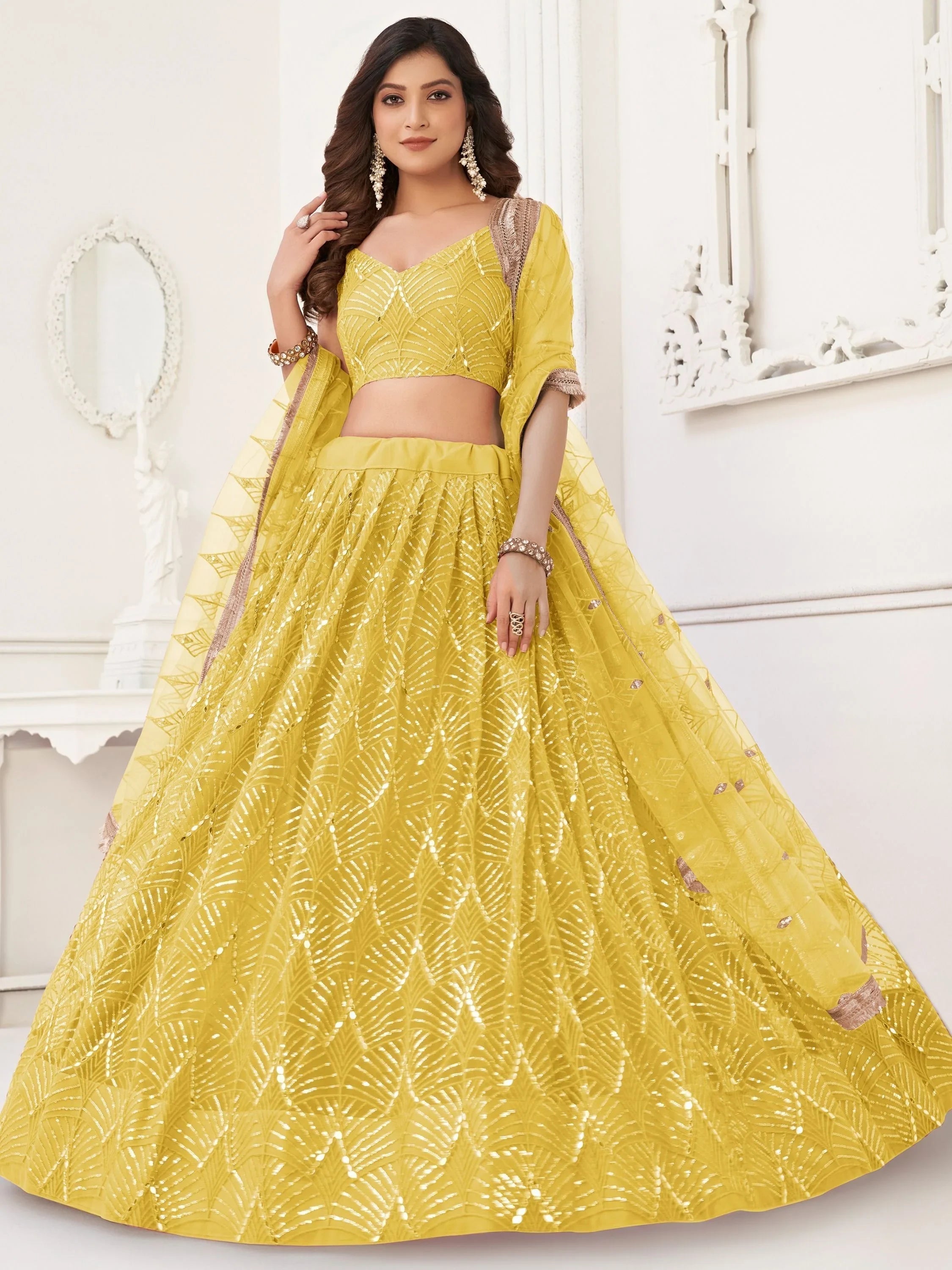 Yellow Incredible Thread Work Net Designer Lehenga Choli for Women