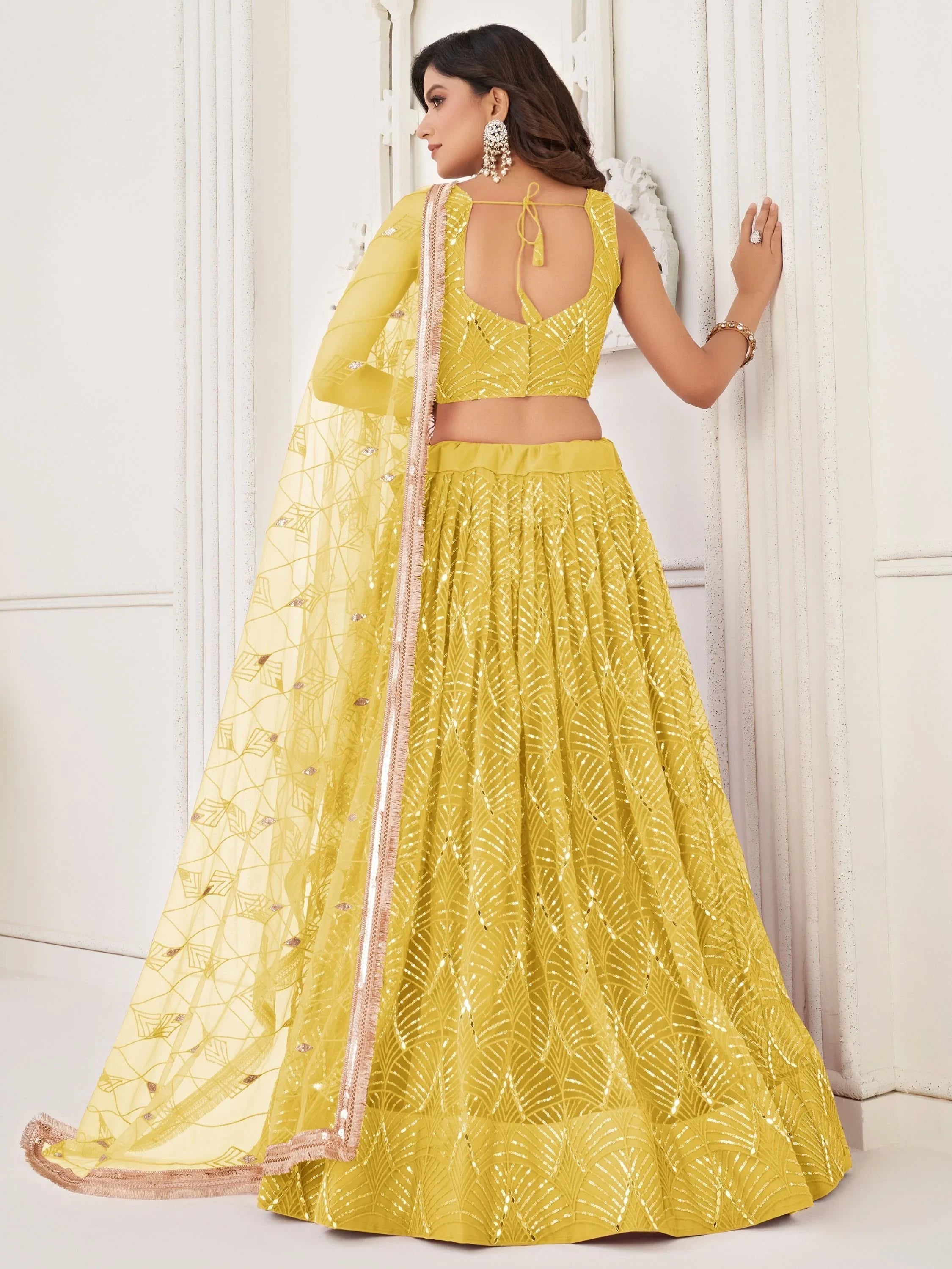 Yellow Incredible Thread Work Net Designer Lehenga Choli for Women