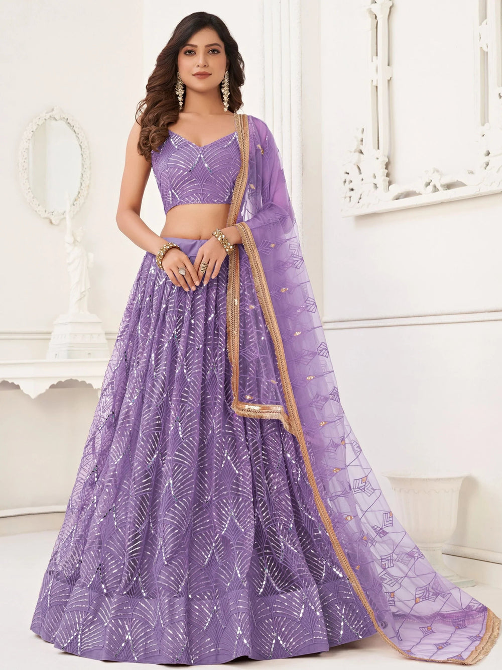Lavender Incredible Thread Work Net Designer Lehenga Choli for Women