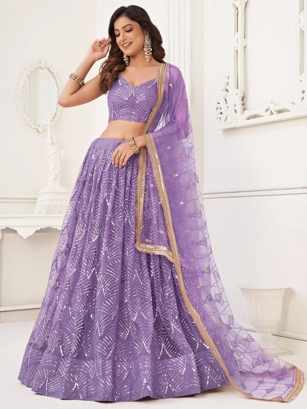 Lavender Incredible Thread Work Net Designer Lehenga Choli for Women