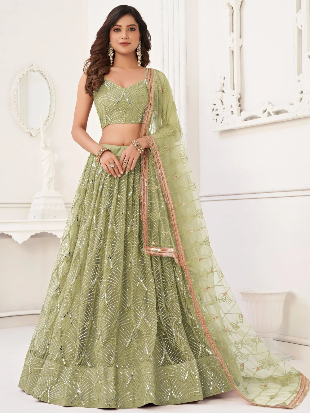 Light Green Incredible Thread Work Net Designer Lehenga Choli for Women
