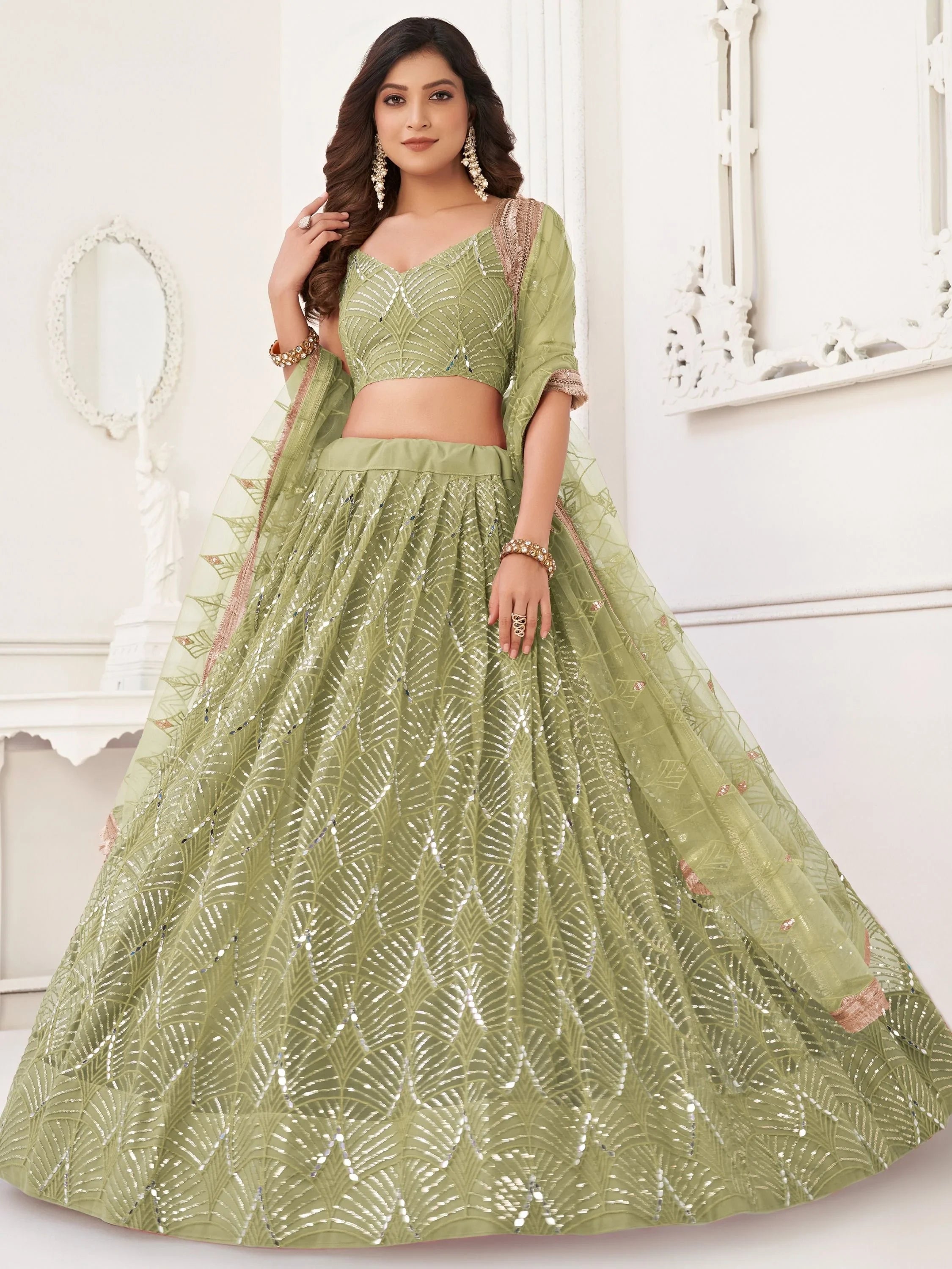 Light Green Incredible Thread Work Net Designer Lehenga Choli for Women