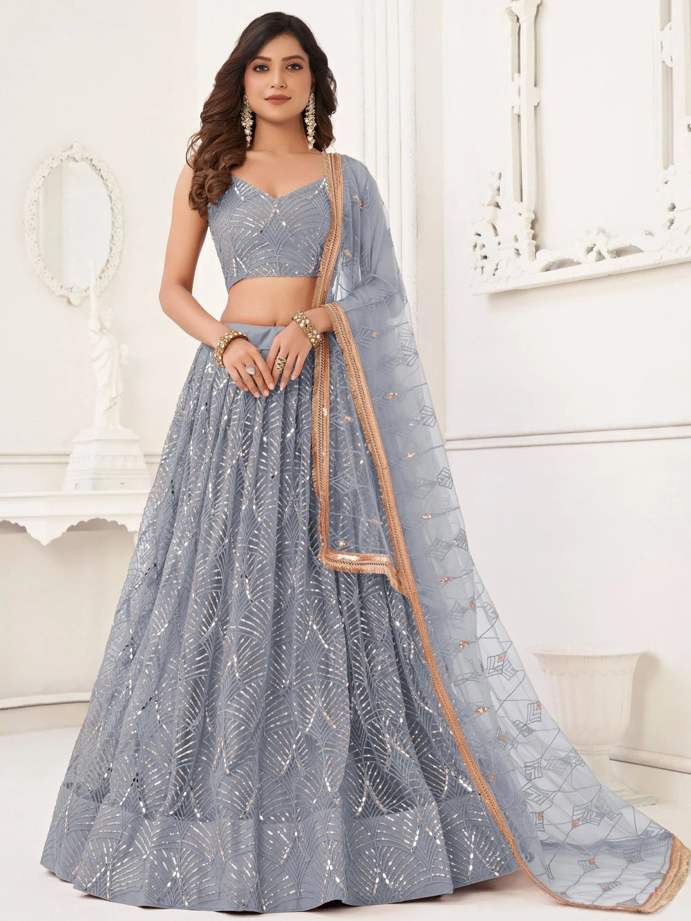 Grey Incredible Thread Work Net Designer Lehenga Choli for Women