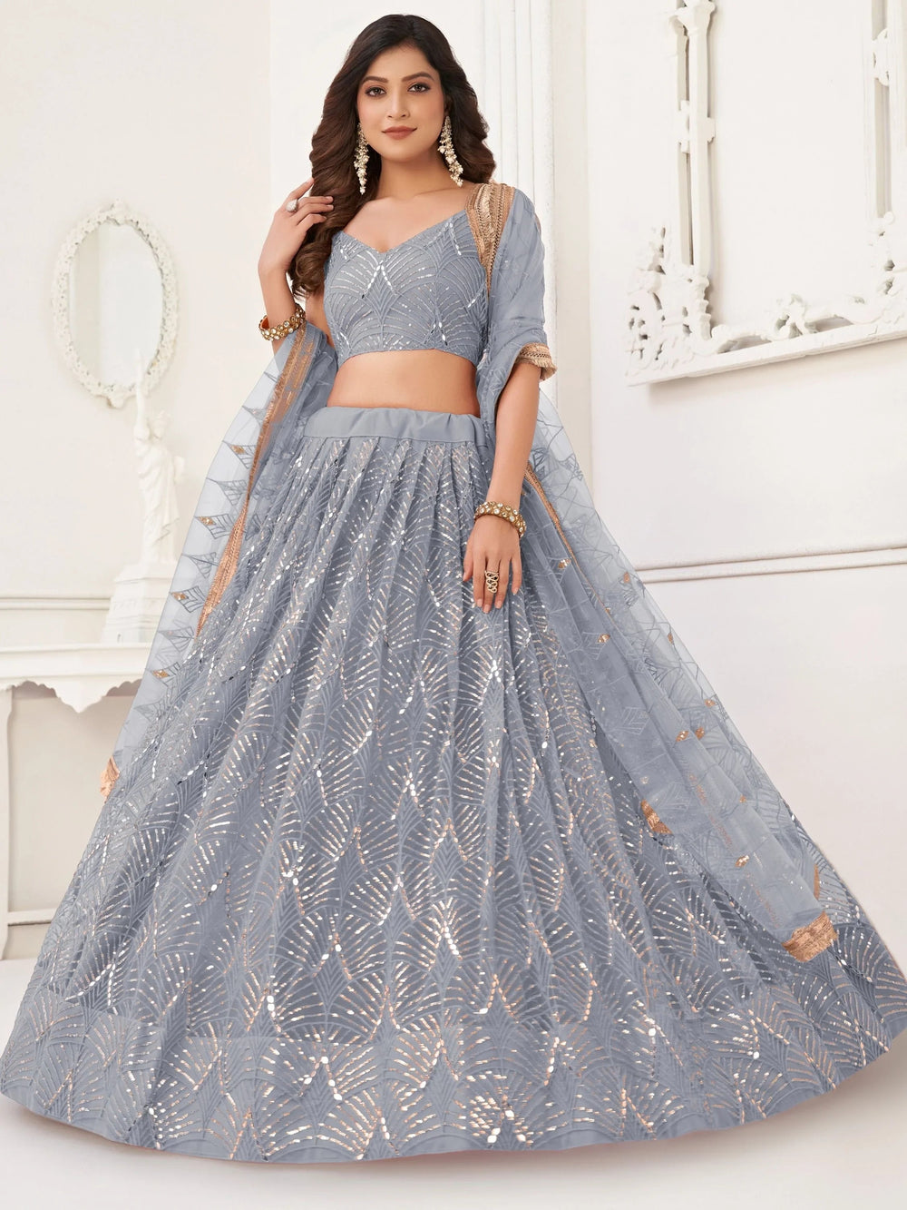 Grey Incredible Thread Work Net Designer Lehenga Choli for Women