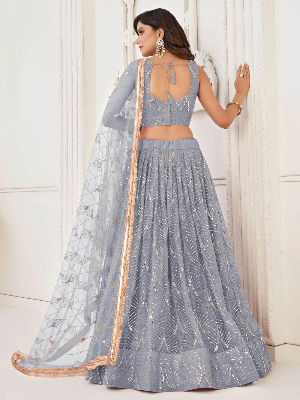 Grey Incredible Thread Work Net Designer Lehenga Choli for Women