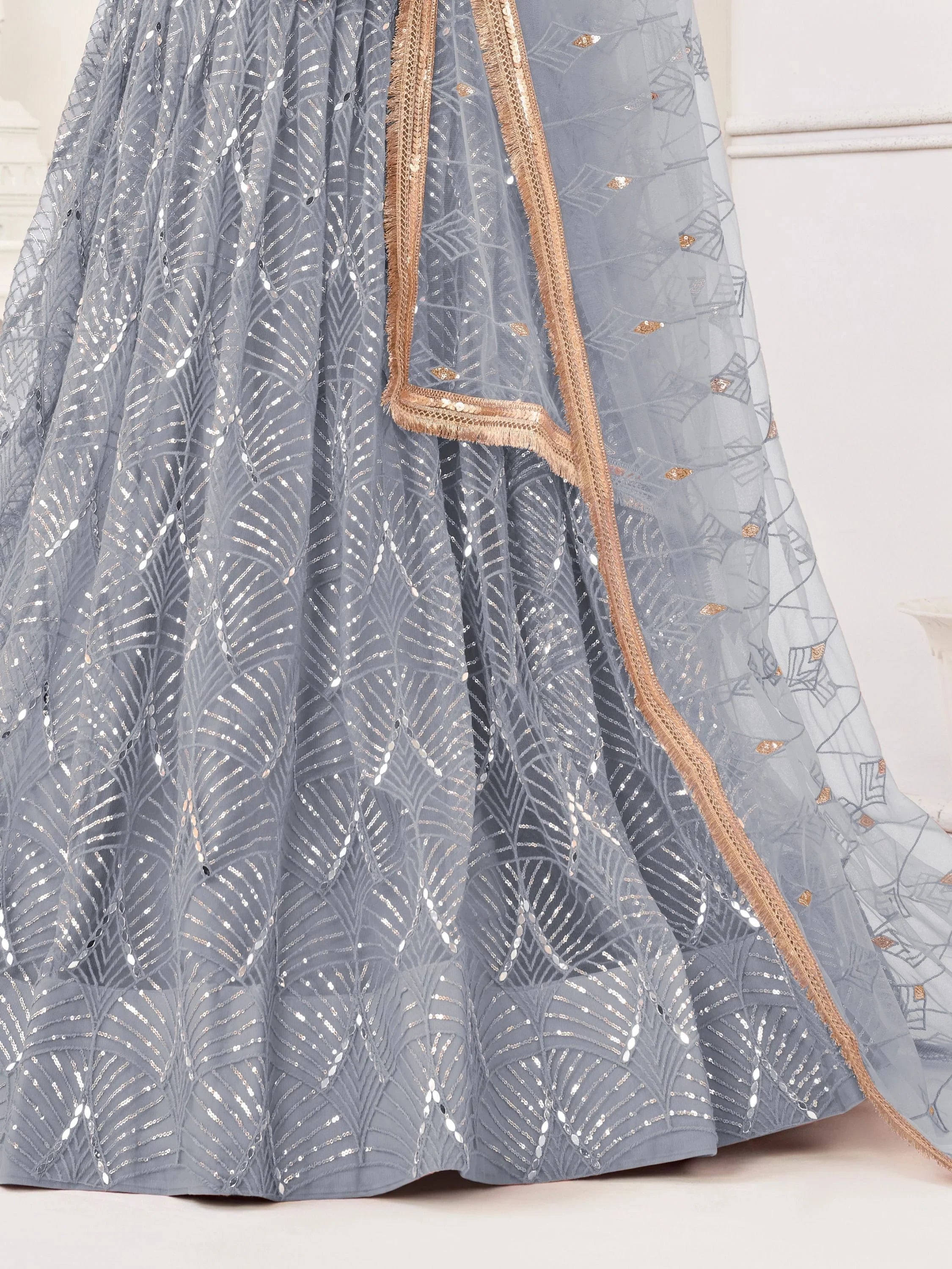 Grey Incredible Thread Work Net Designer Lehenga Choli for Women