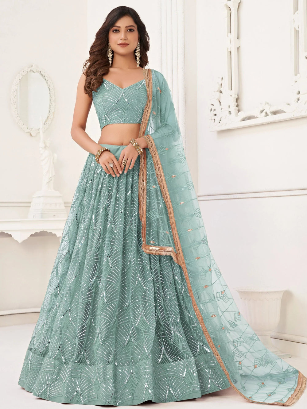 Aqua Incredible Thread Work Net Designer Lehenga Choli for Women