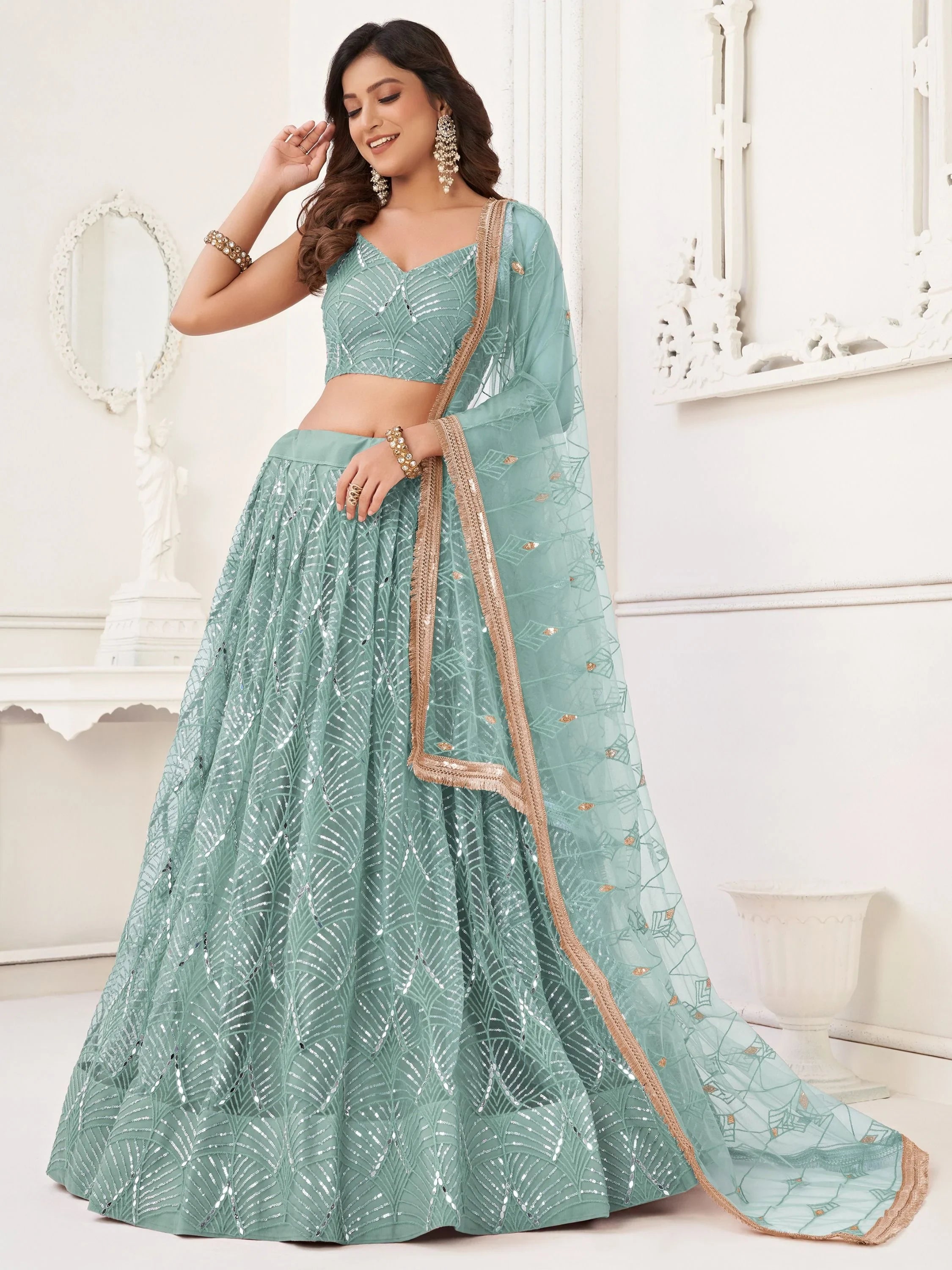 Aqua Incredible Thread Work Net Designer Lehenga Choli for Women