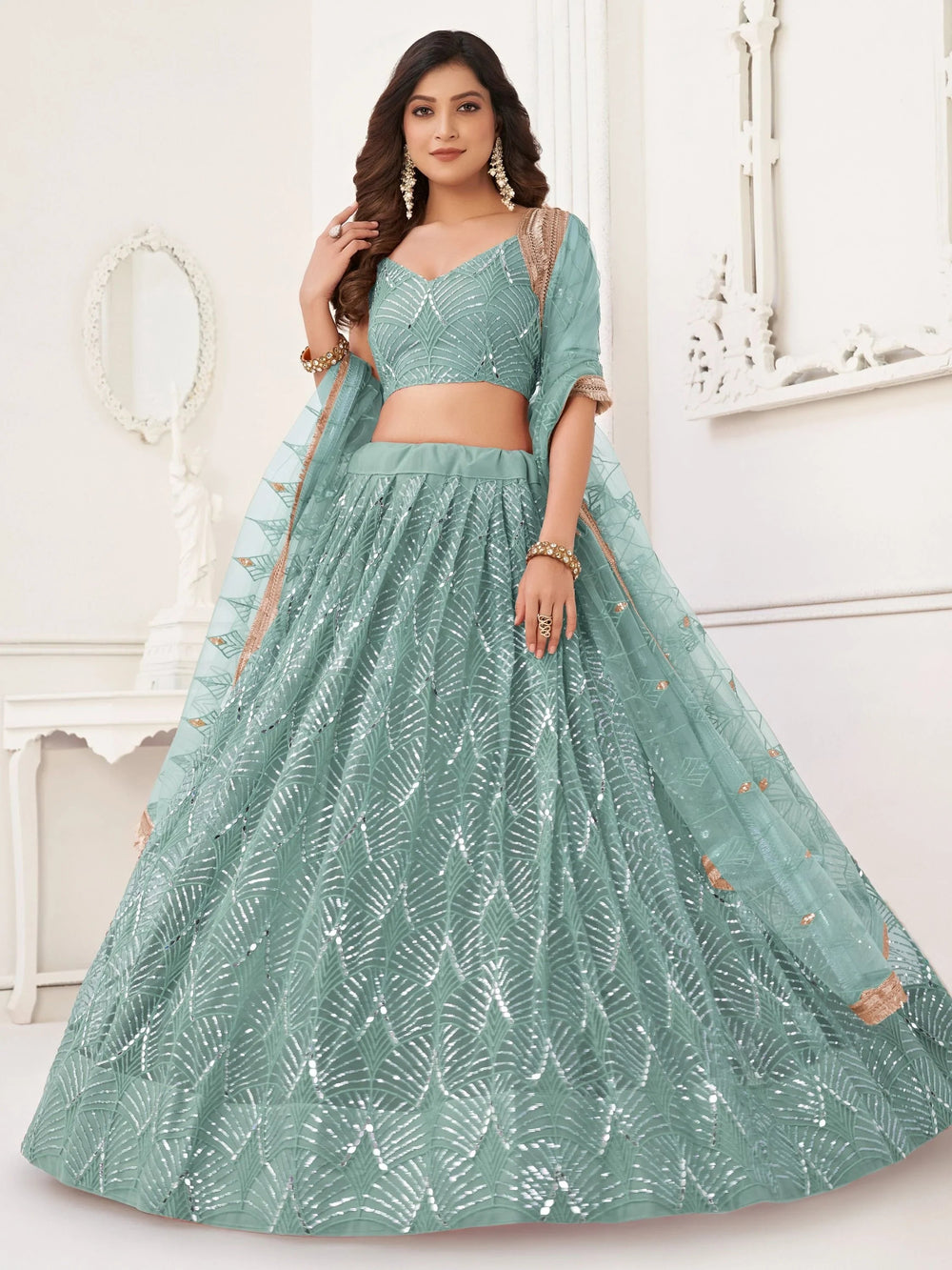 Aqua Incredible Thread Work Net Designer Lehenga Choli for Women