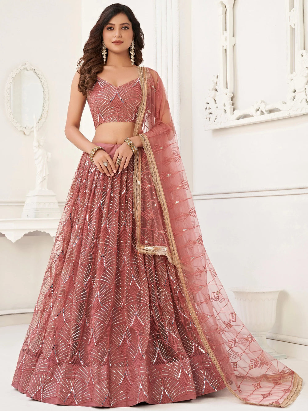 Pink Incredible Thread Work Net Designer Lehenga Choli for Women
