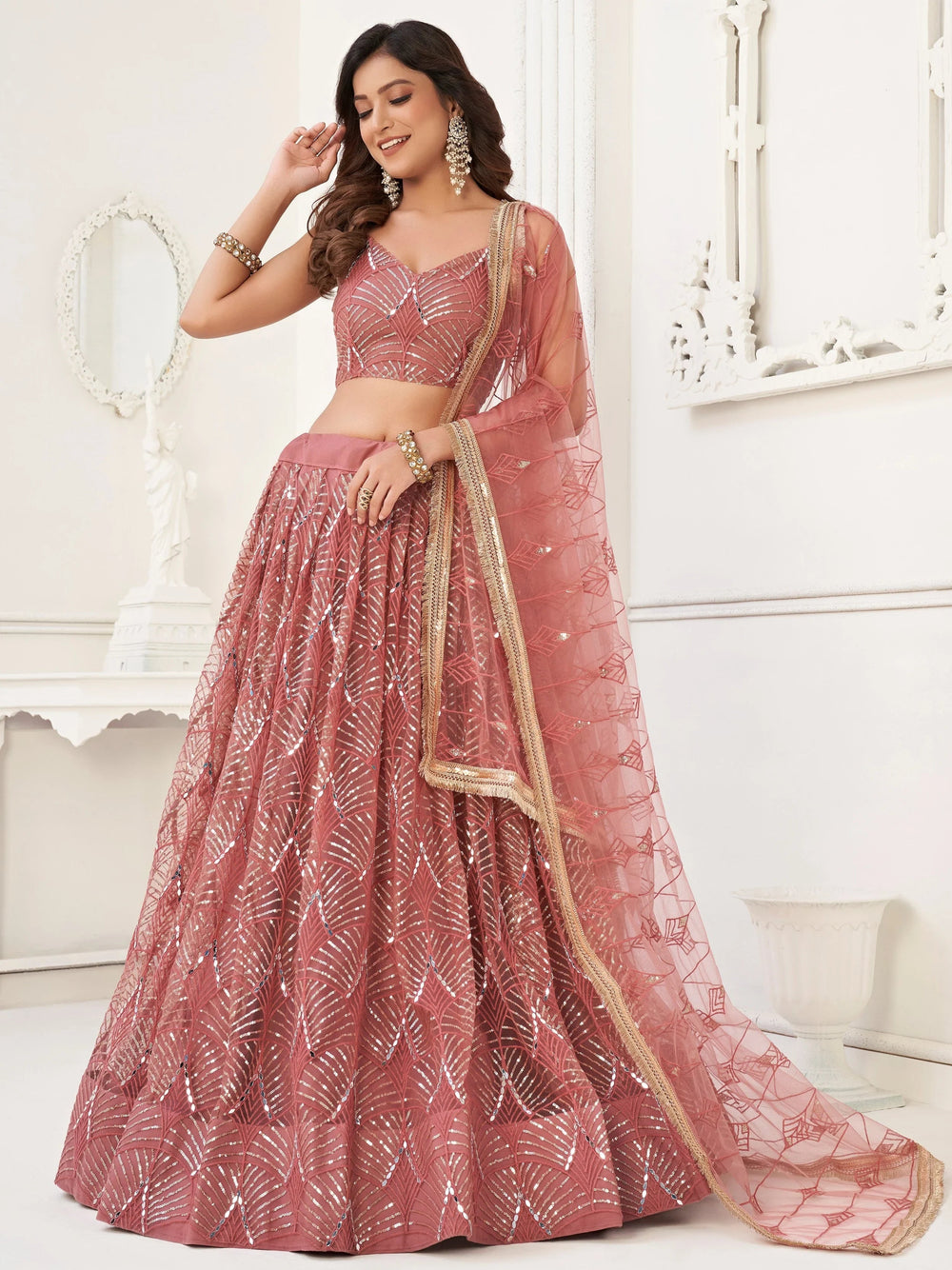 Pink Incredible Thread Work Net Designer Lehenga Choli for Women