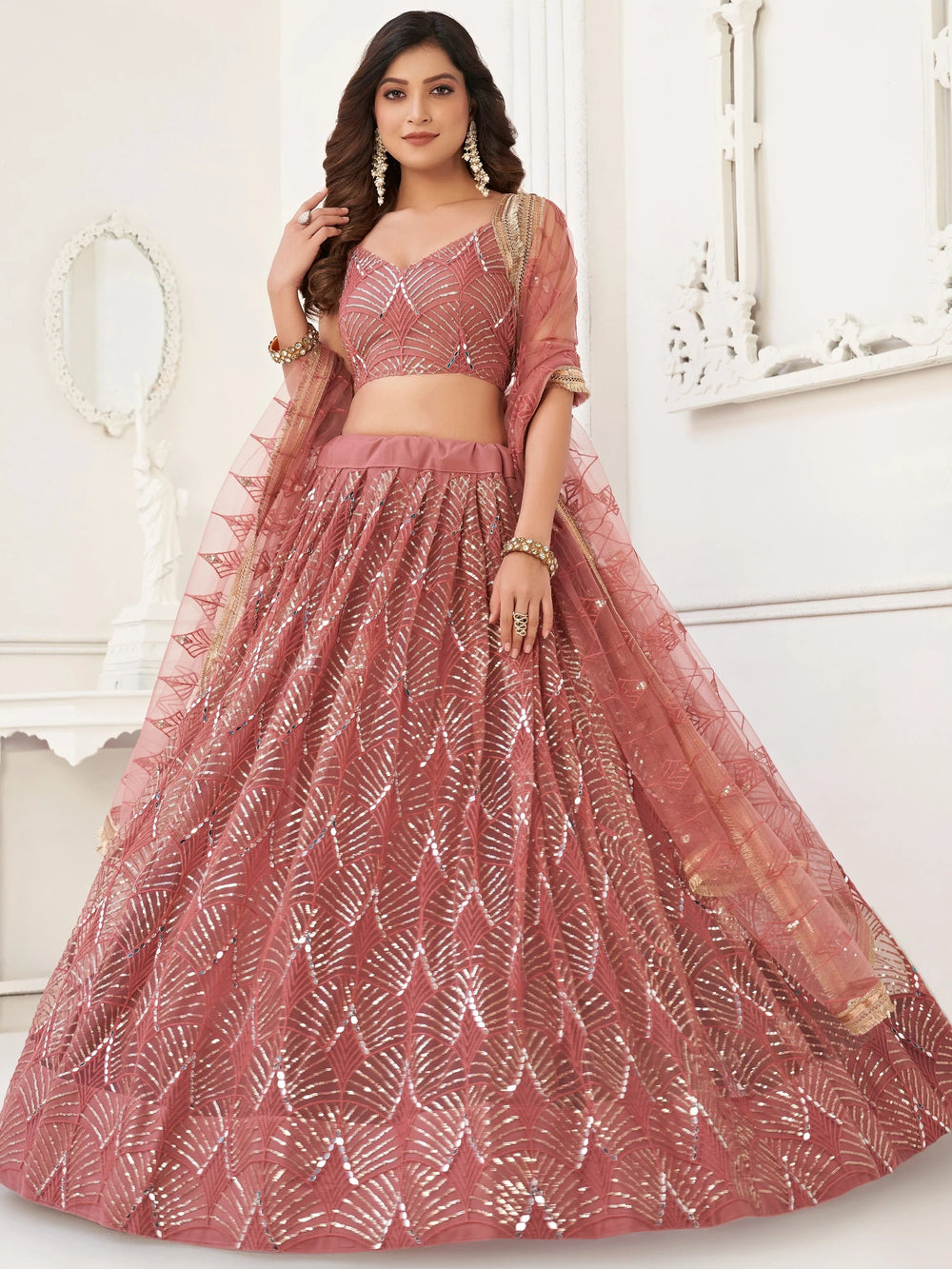 Pink Incredible Thread Work Net Designer Lehenga Choli for Women