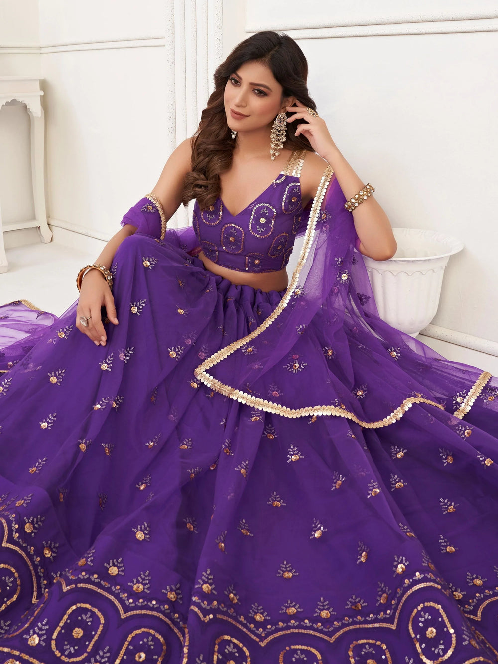 Purple Gorgeous Sequins Net Mehendi Wear Lehenga Choli With Dupatta for Women
