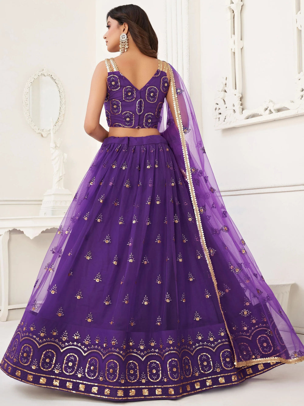 Purple Gorgeous Sequins Net Mehendi Wear Lehenga Choli With Dupatta for Women