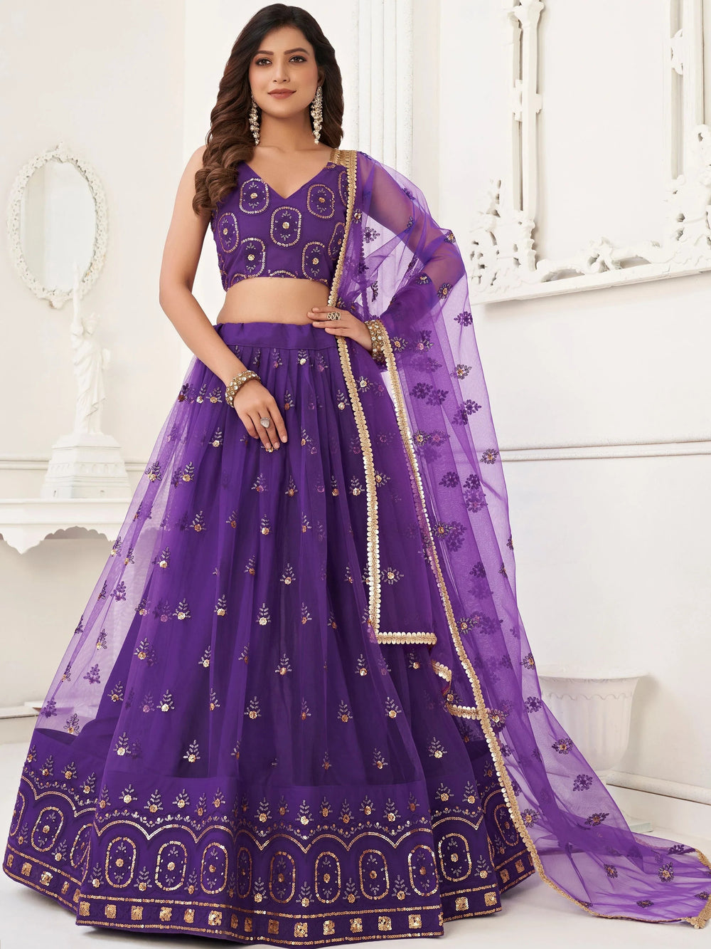 Purple Gorgeous Sequins Net Mehendi Wear Lehenga Choli With Dupatta for Women