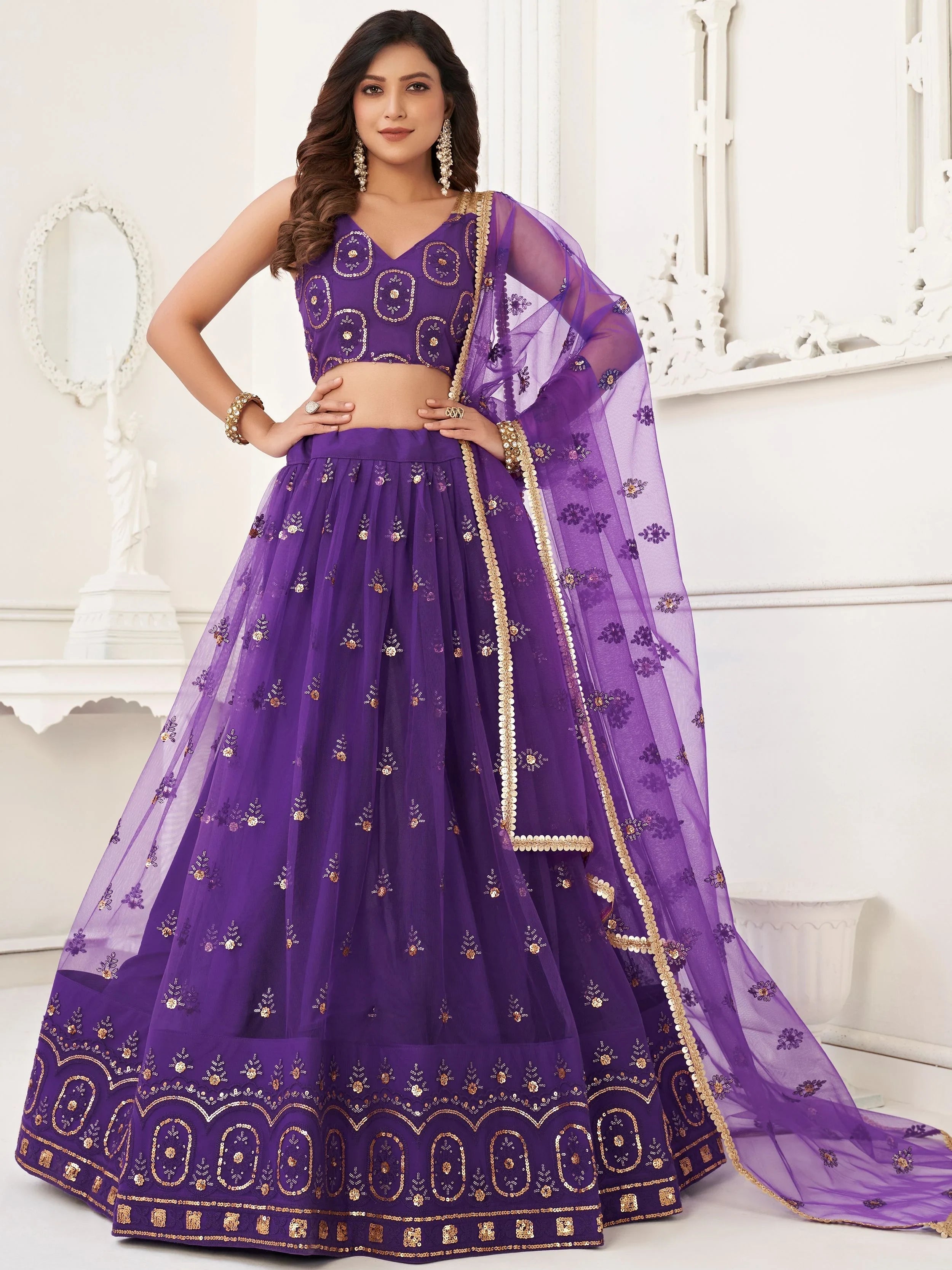 Purple Gorgeous Sequins Net Mehendi Wear Lehenga Choli With Dupatta for Women