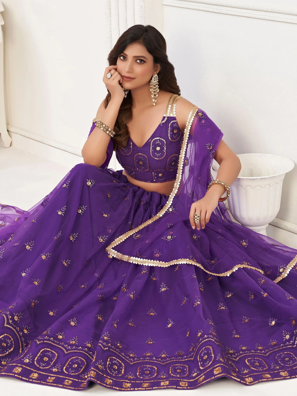 Purple Gorgeous Sequins Net Mehendi Wear Lehenga Choli With Dupatta for Women