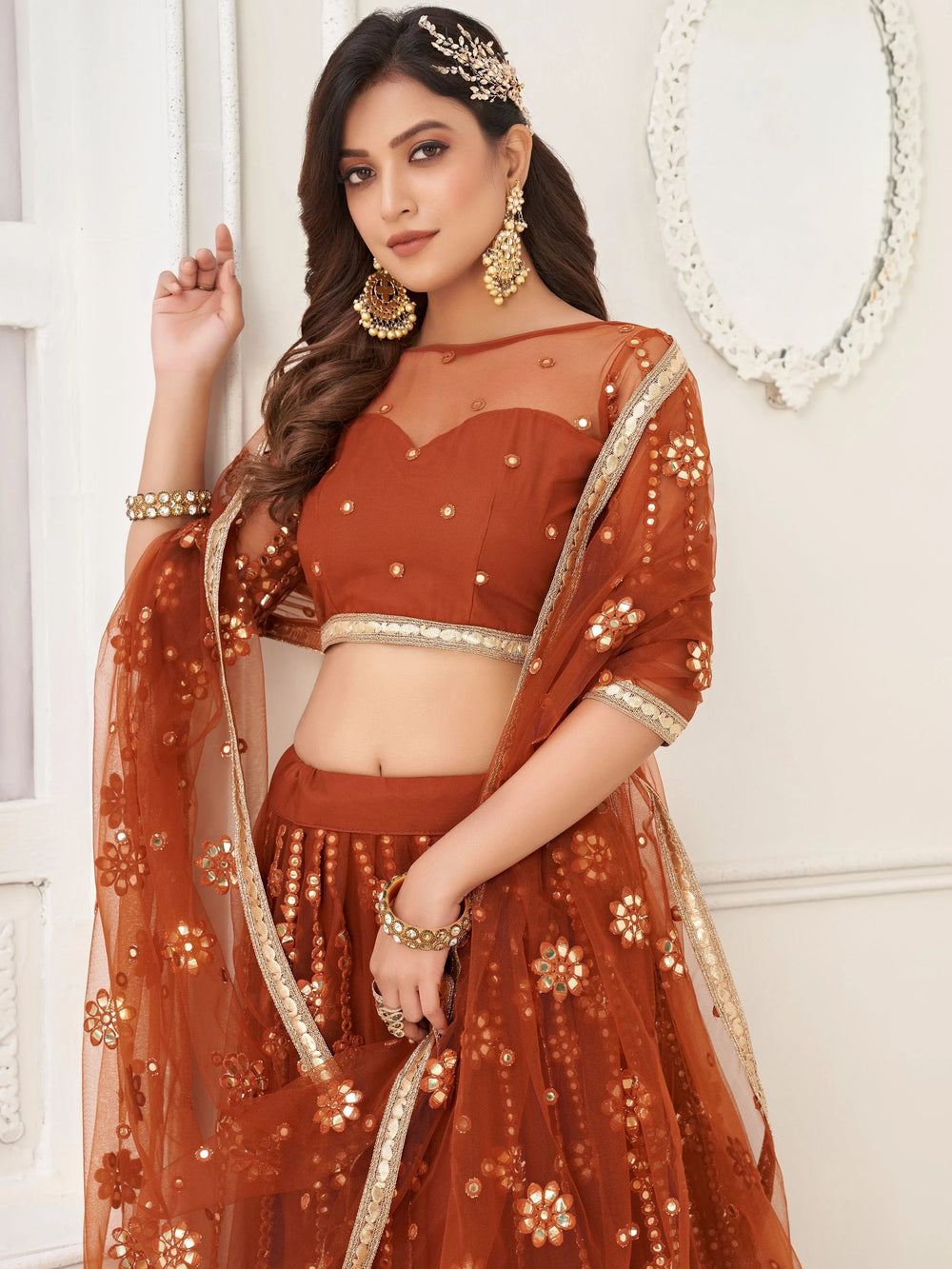 Brown Mirror Work Net Party Wear Lehenga Choli With Dupatta for Women