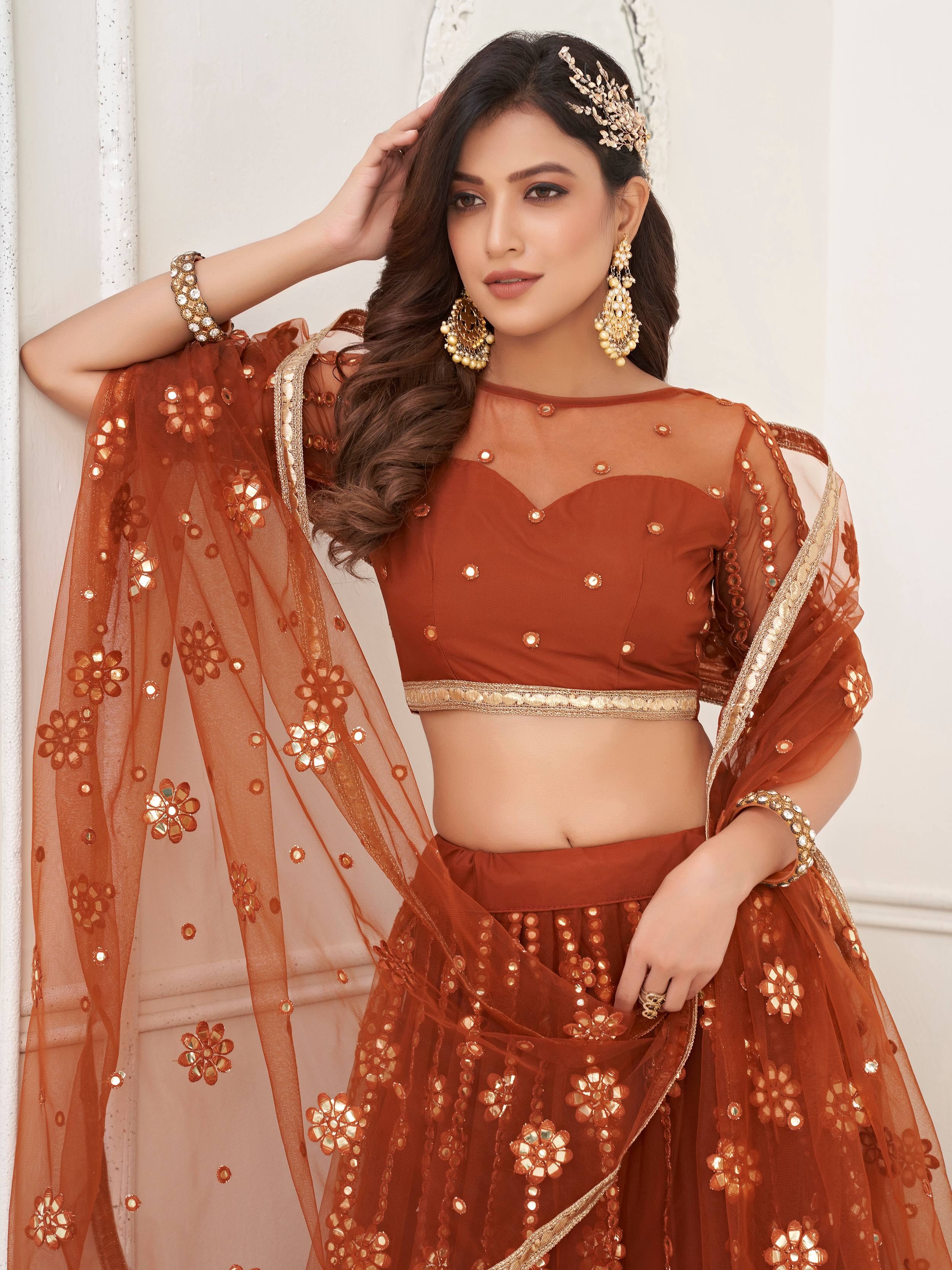 Brown Mirror Work Net Party Wear Lehenga Choli With Dupatta for Women