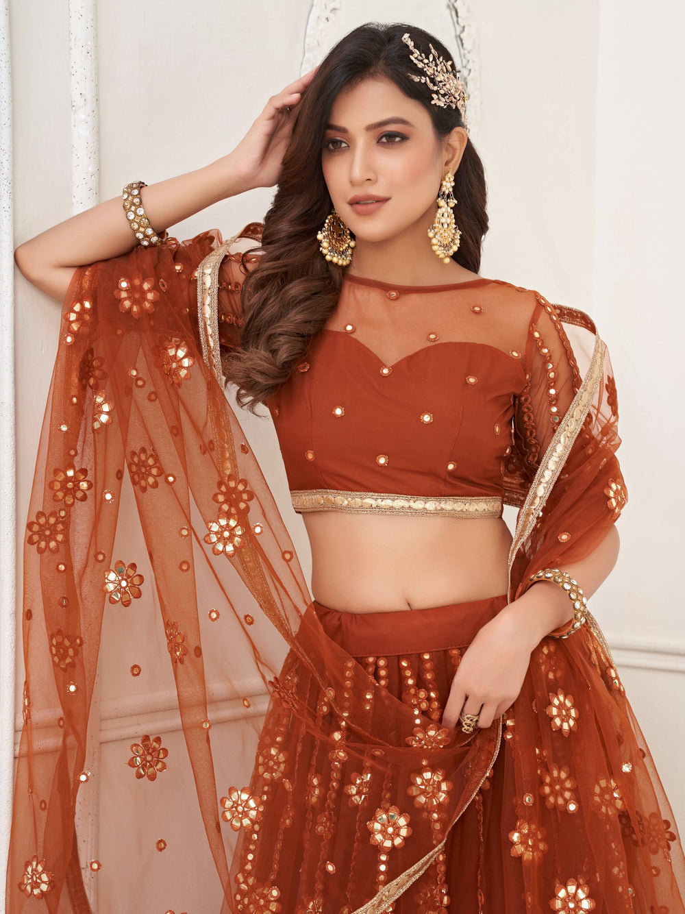 Brown Mirror Work Net Party Wear Lehenga Choli With Dupatta for Women