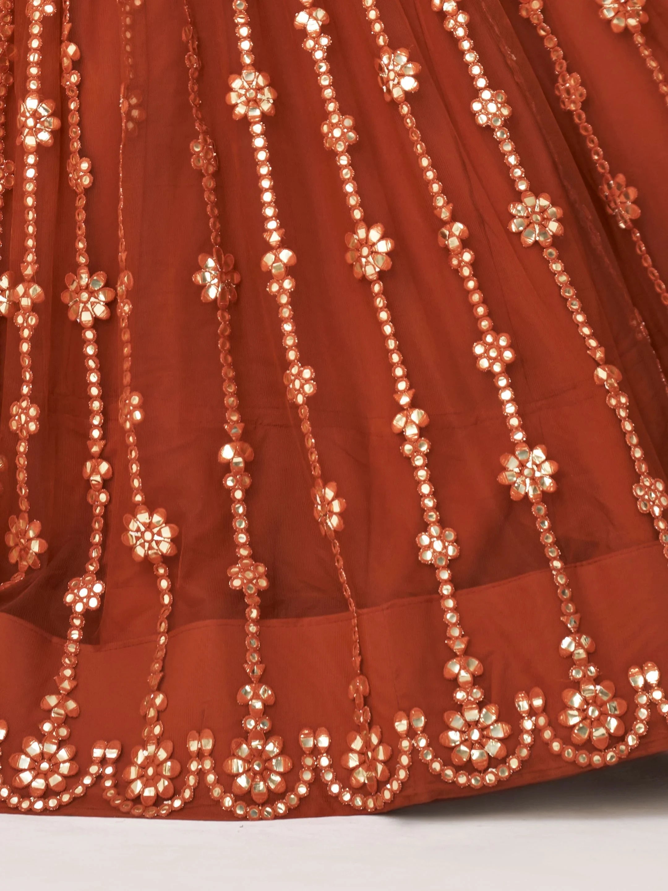 Brown Mirror Work Net Party Wear Lehenga Choli With Dupatta for Women