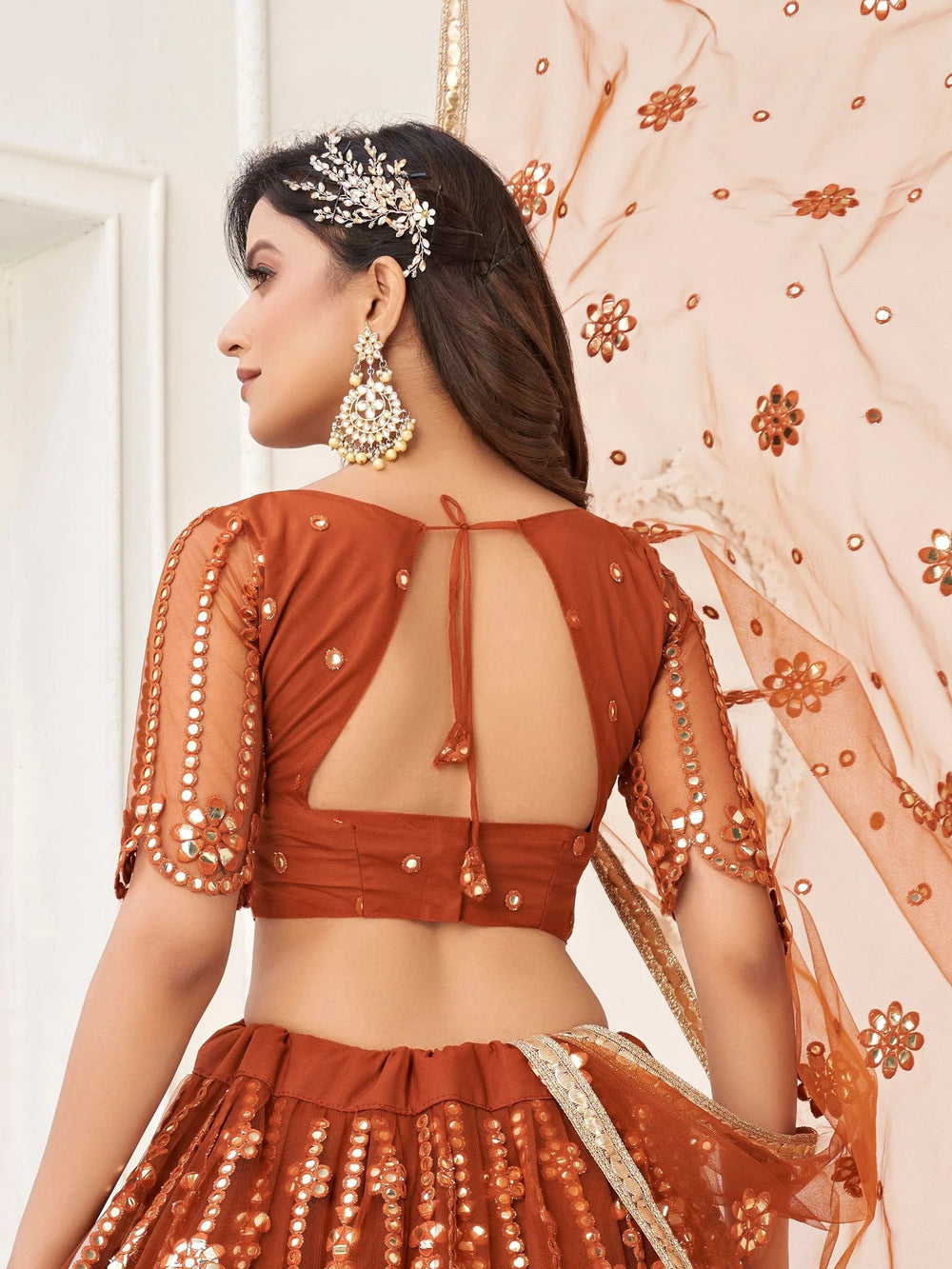 Brown Mirror Work Net Party Wear Lehenga Choli With Dupatta for Women