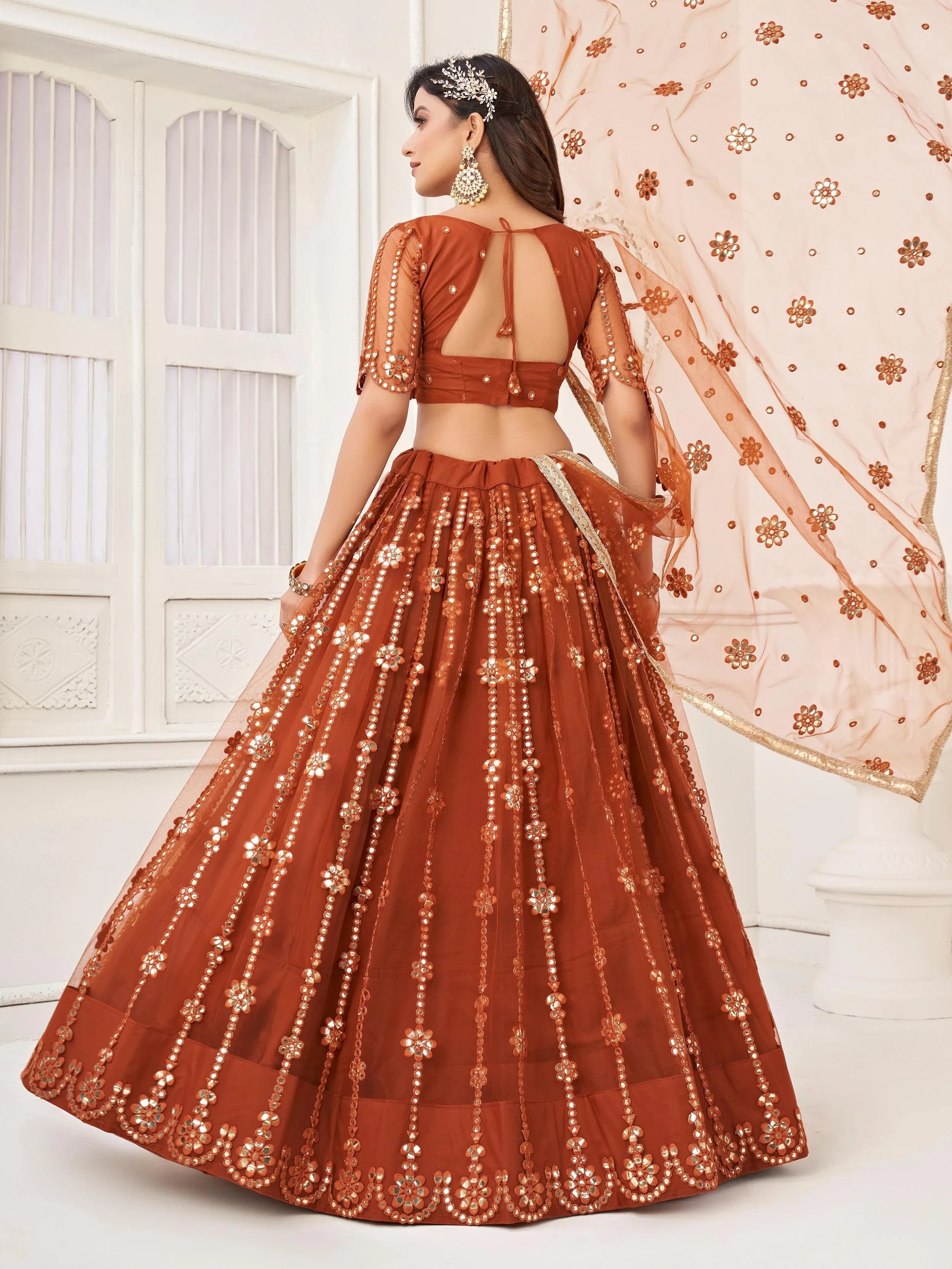 Brown Mirror Work Net Party Wear Lehenga Choli With Dupatta for Women