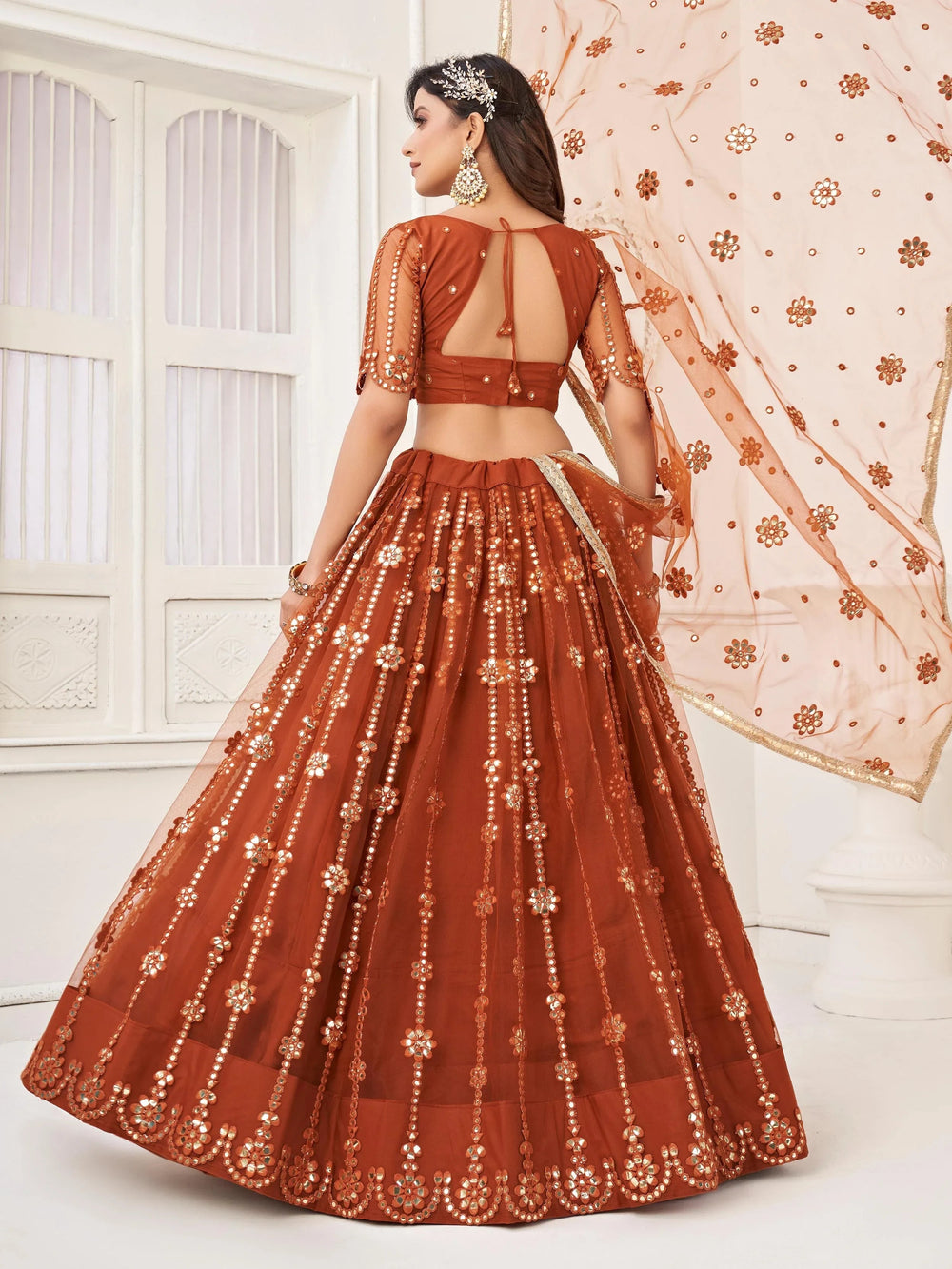 Brown Mirror Work Net Party Wear Lehenga Choli With Dupatta for Women