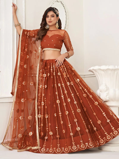Brown Mirror Work Net Party Wear Lehenga Choli With Dupatta for Women