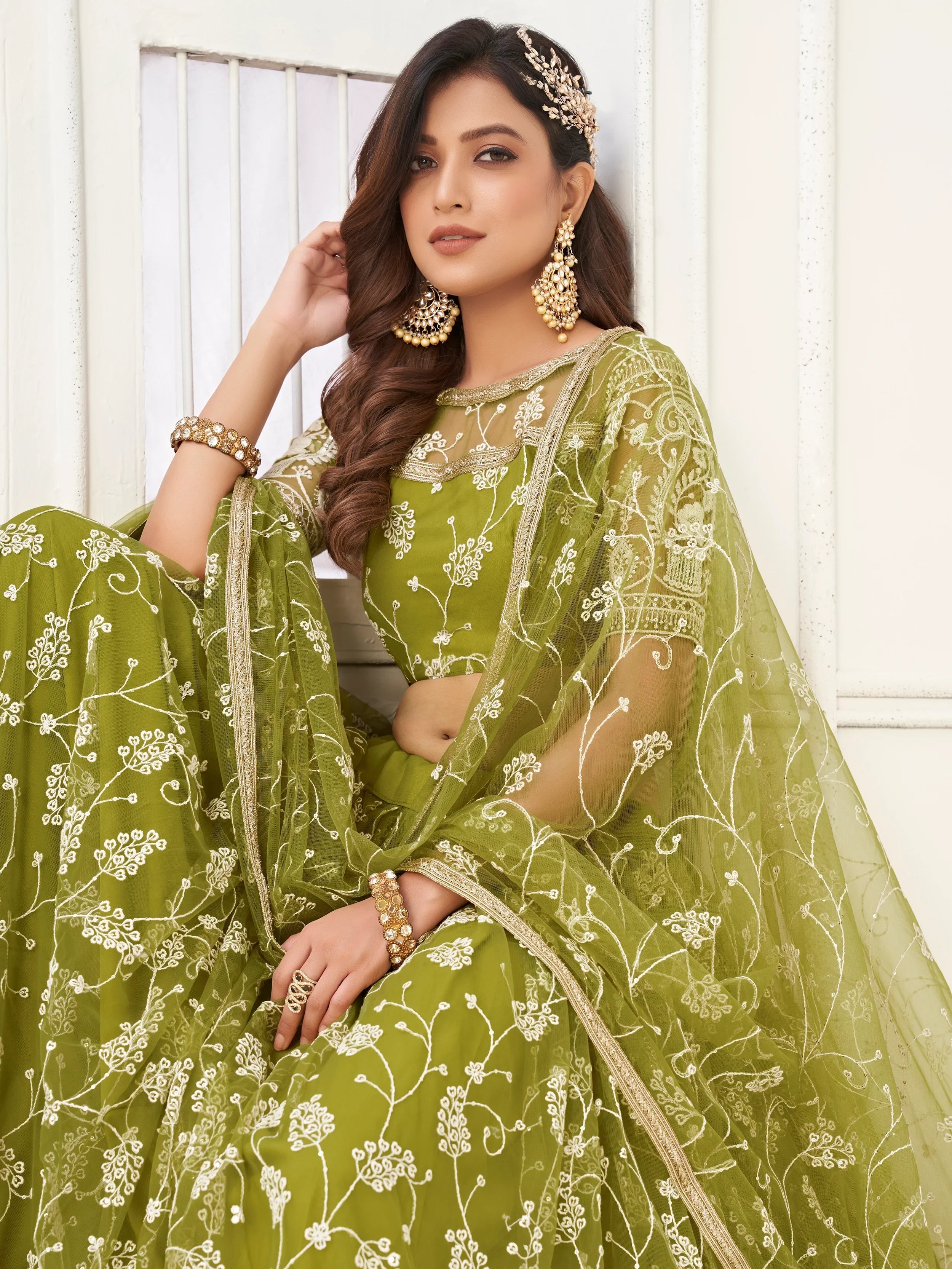 Olive Green Embroidered Net Mhendi Wear Lehenga Choli for Women