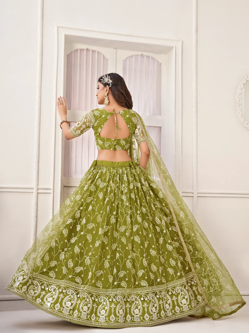 Olive Green Embroidered Net Mhendi Wear Lehenga Choli for Women