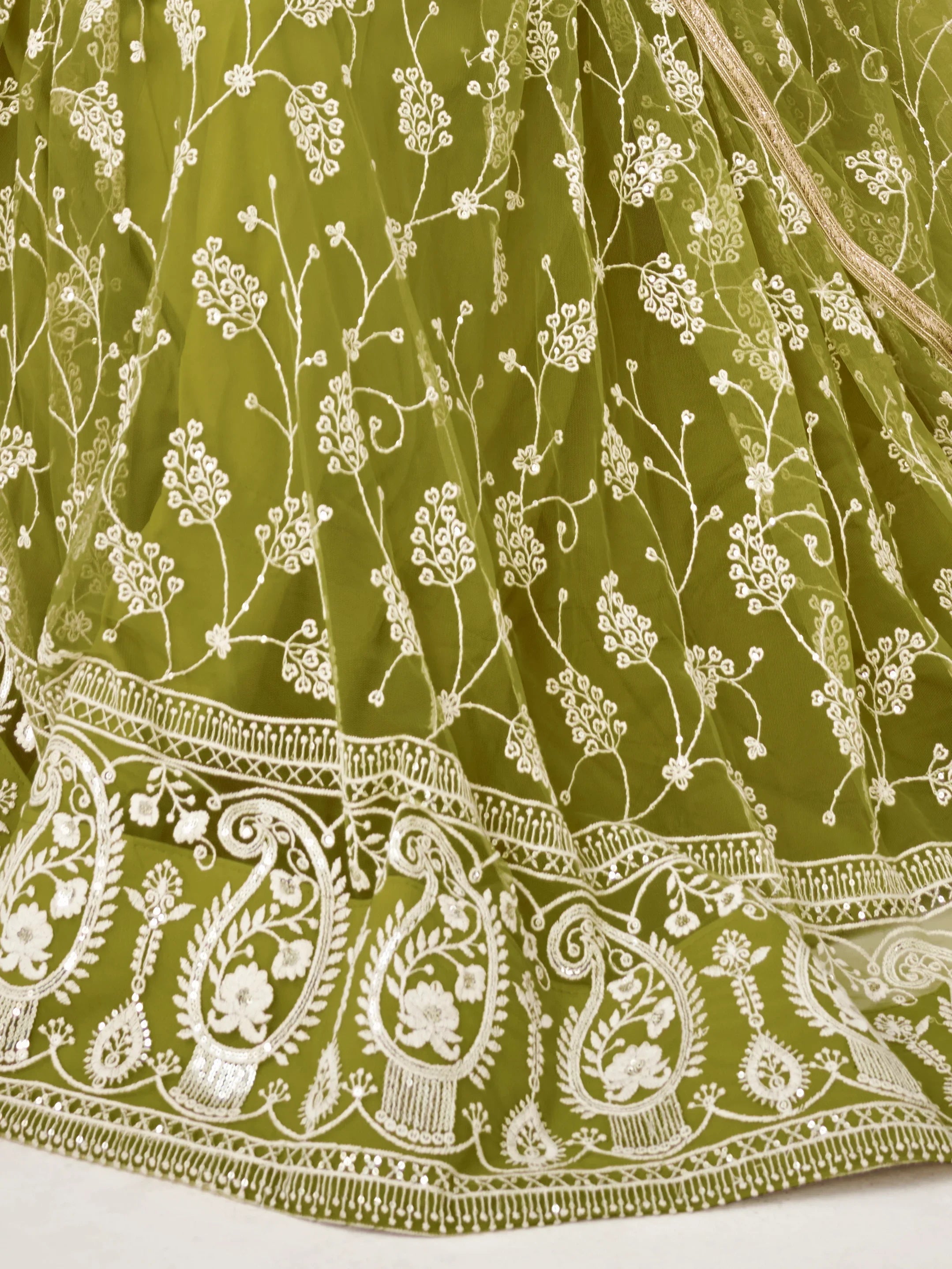 Olive Green Embroidered Net Mhendi Wear Lehenga Choli for Women