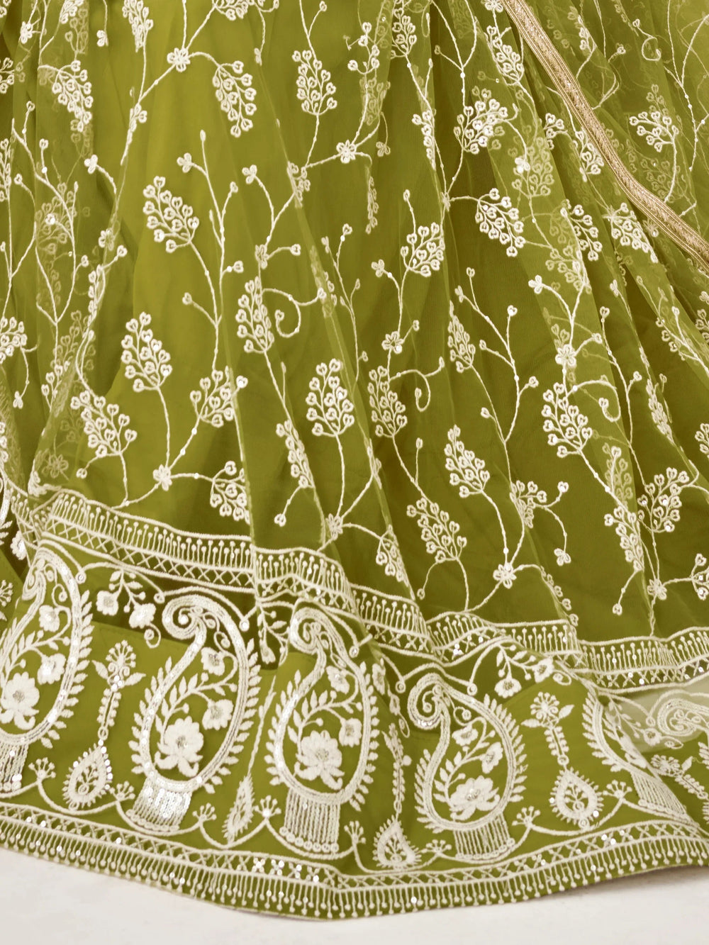Olive Green Embroidered Net Mhendi Wear Lehenga Choli for Women