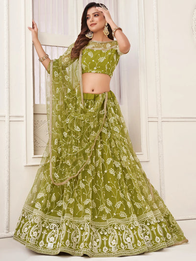 Olive Green Embroidered Net Mhendi Wear Lehenga Choli for Women