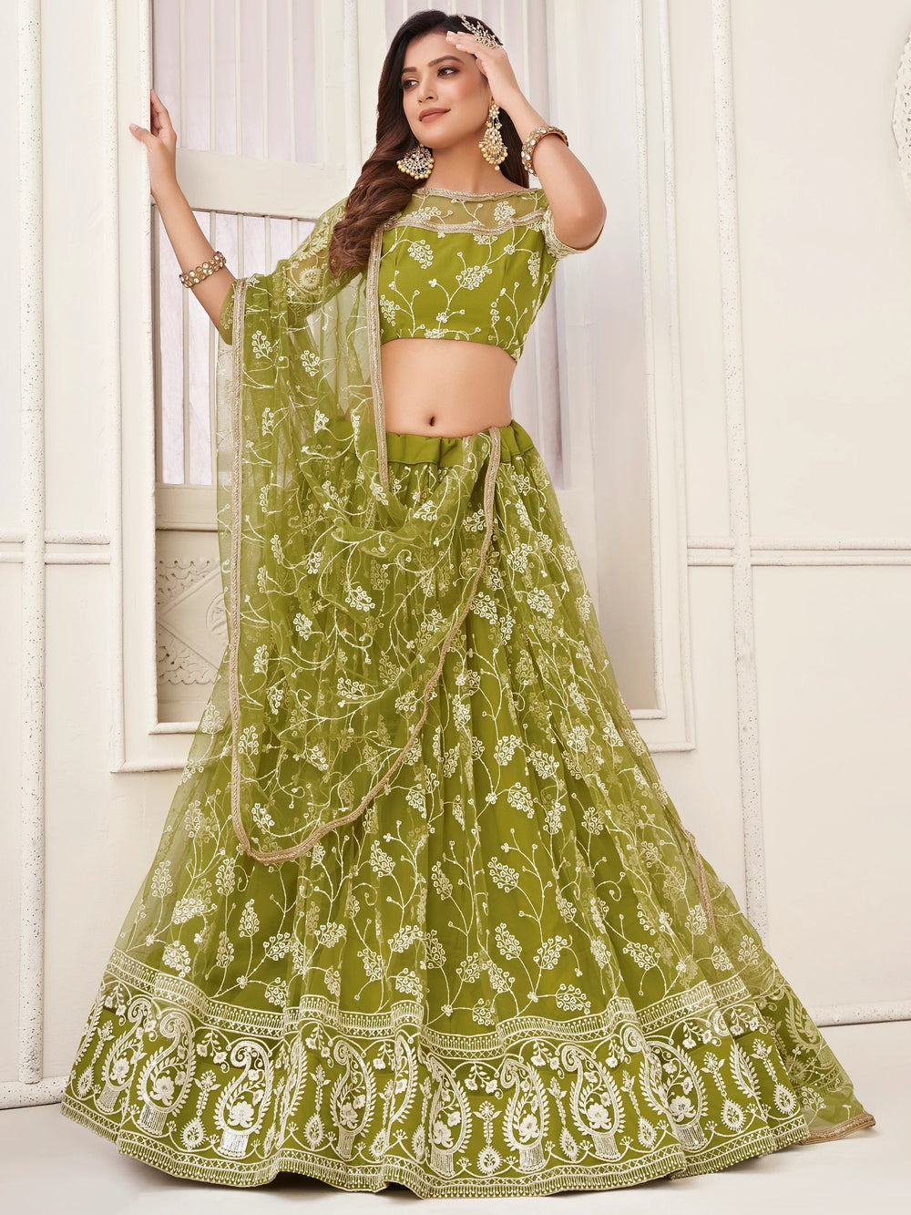 Olive Green Embroidered Net Mhendi Wear Lehenga Choli for Women