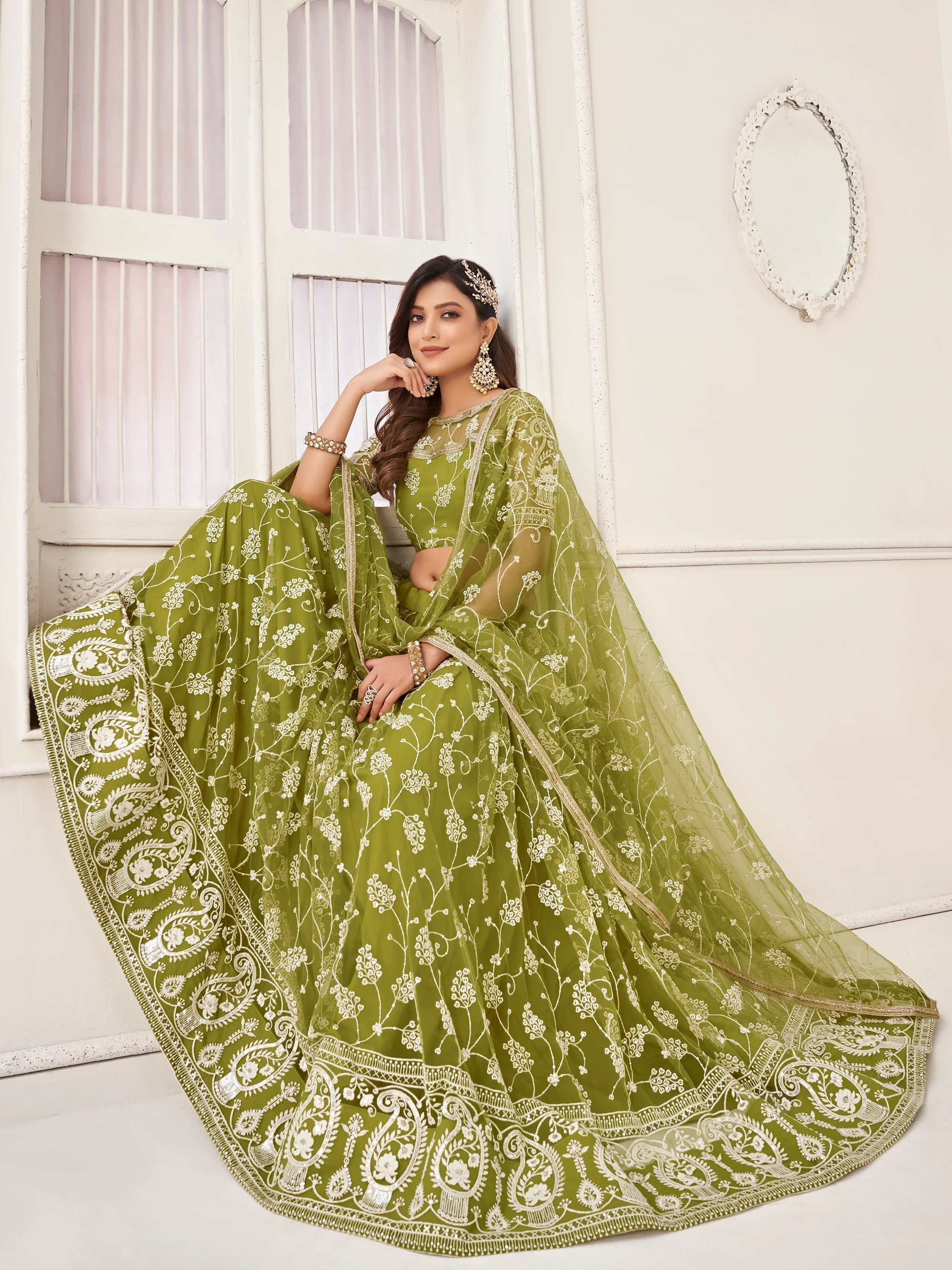 Olive Green Embroidered Net Mhendi Wear Lehenga Choli for Women