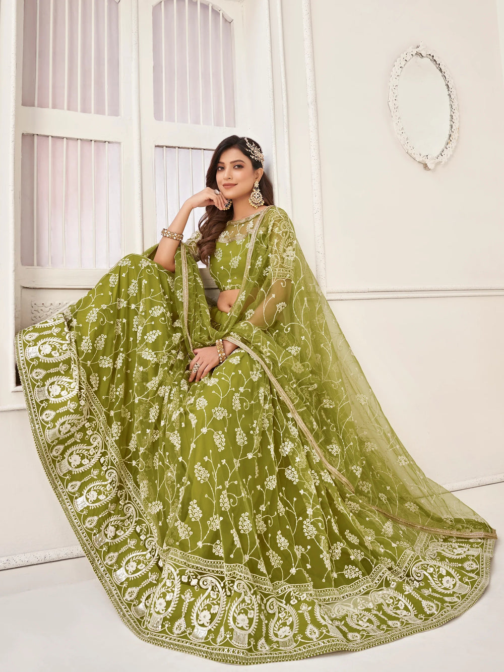 Olive Green Embroidered Net Mhendi Wear Lehenga Choli for Women