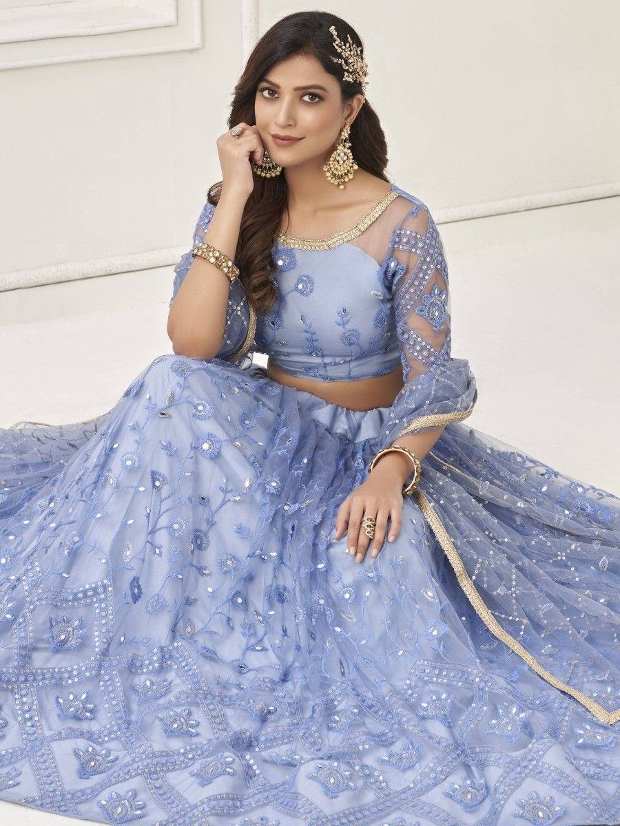 Light Blue Embroidered Net Engagement Wear Lehenga Choli for Women